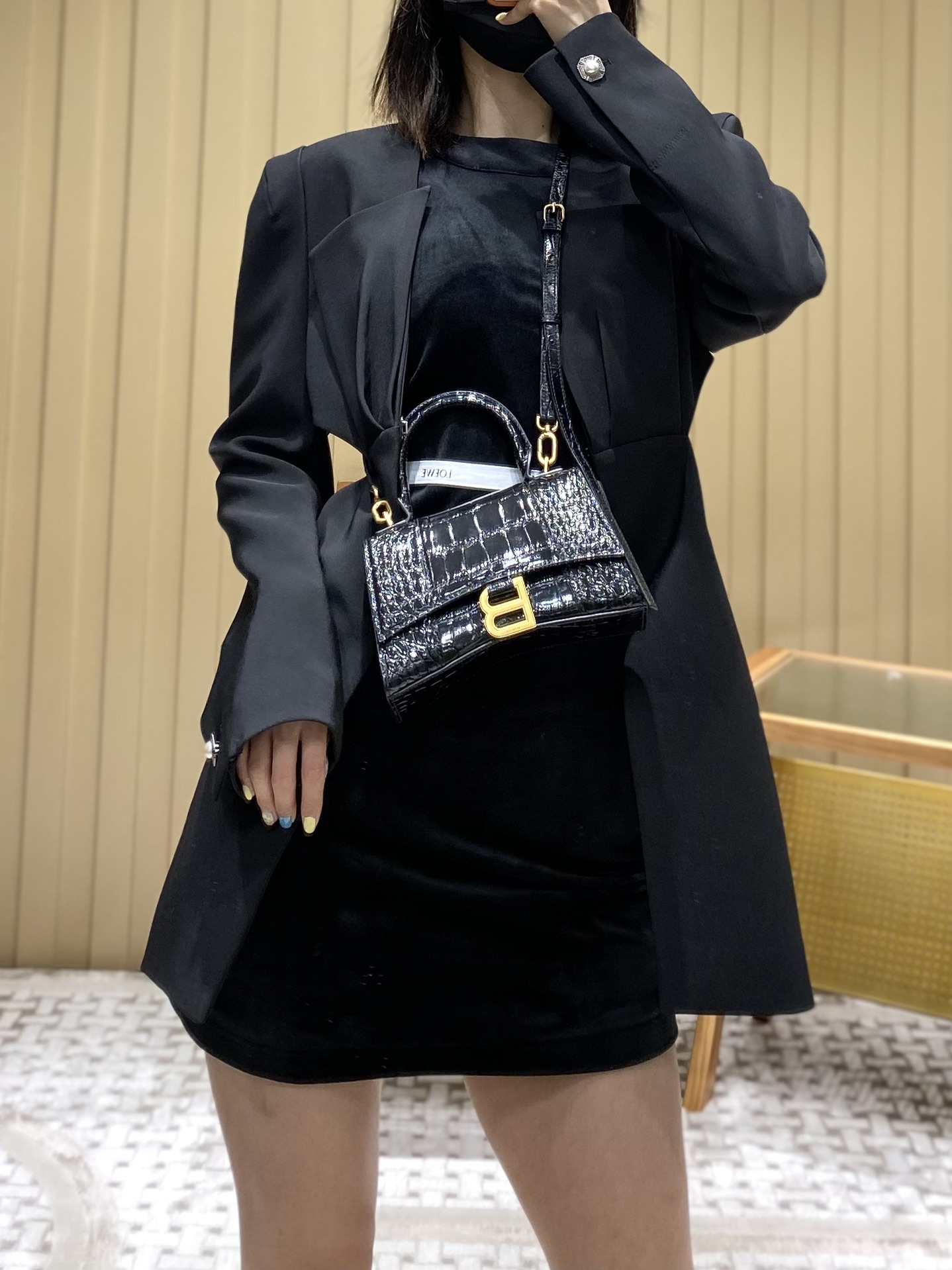 Balenciaga Hourglass XS 19CM BAG 鳄鱼纹沙漏包 592833黑色/金扣