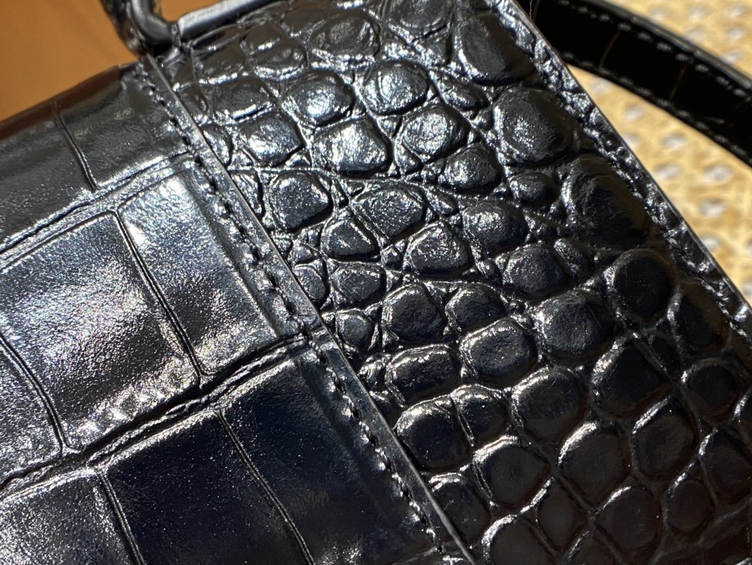 Balenciaga Hourglass XS 19CM BAG 鳄鱼纹沙漏包 592833黑色/黑扣