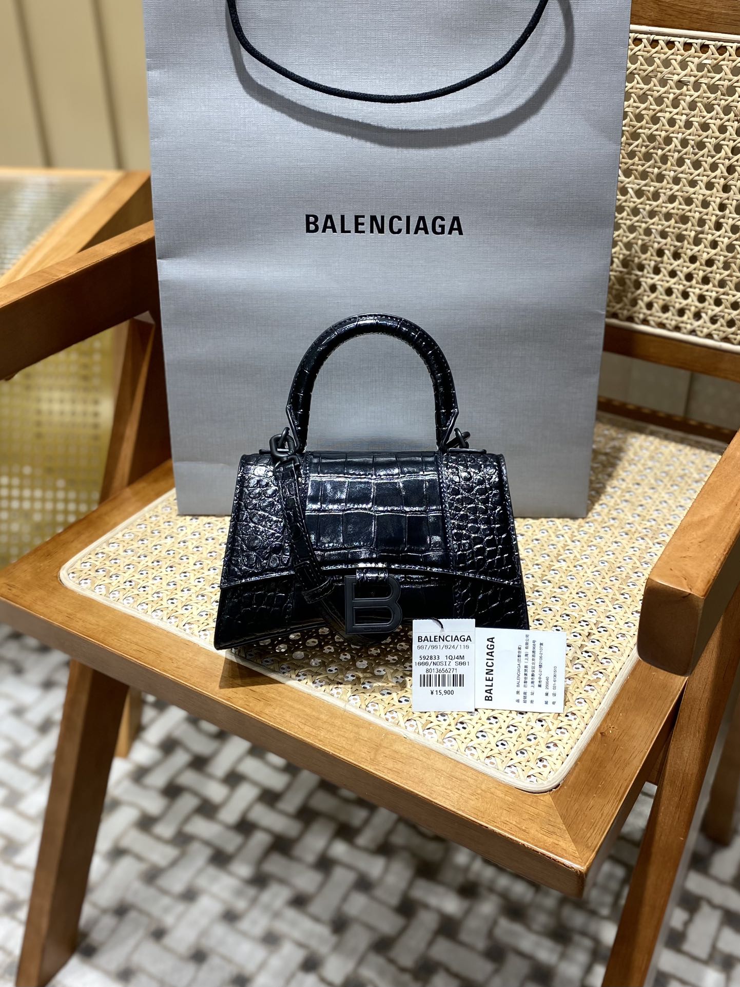 Balenciaga Hourglass XS 19CM BAG 鳄鱼纹沙漏包 592833黑色/黑扣