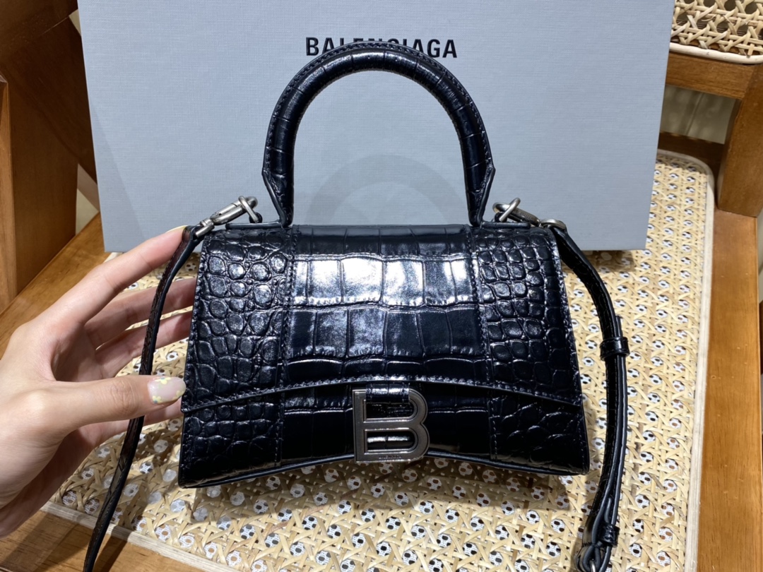 Balenciaga Hourglass XS 19CM BAG 鳄鱼纹沙漏包 592833黑色/银扣