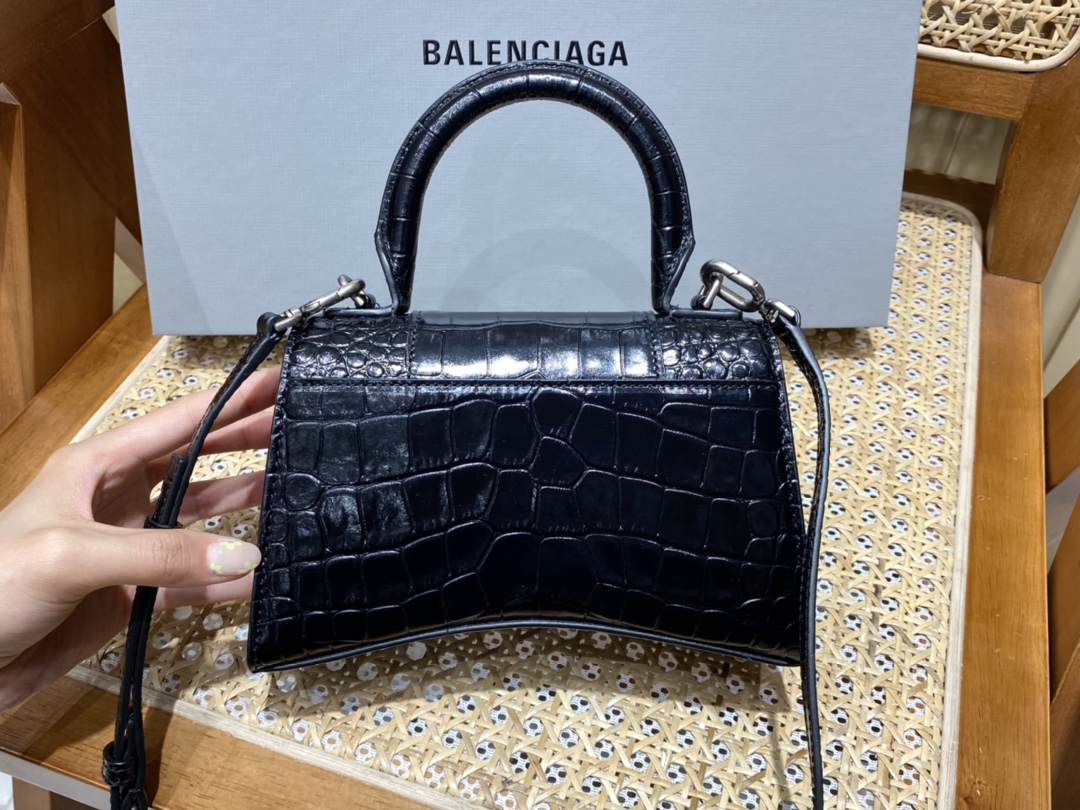 Balenciaga Hourglass XS 19CM BAG 鳄鱼纹沙漏包 592833黑色/银扣