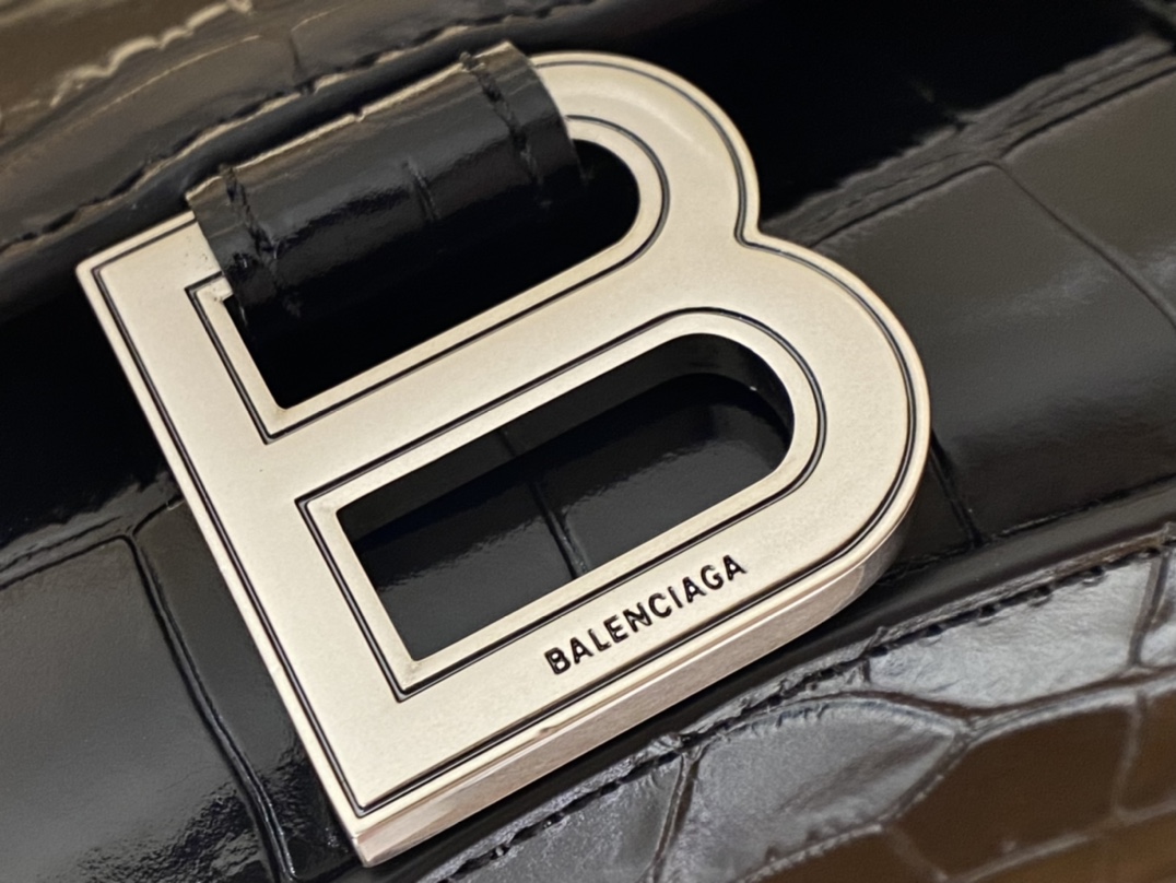 Balenciaga Hourglass XS 19CM BAG 鳄鱼纹沙漏包 592833黑色/银扣