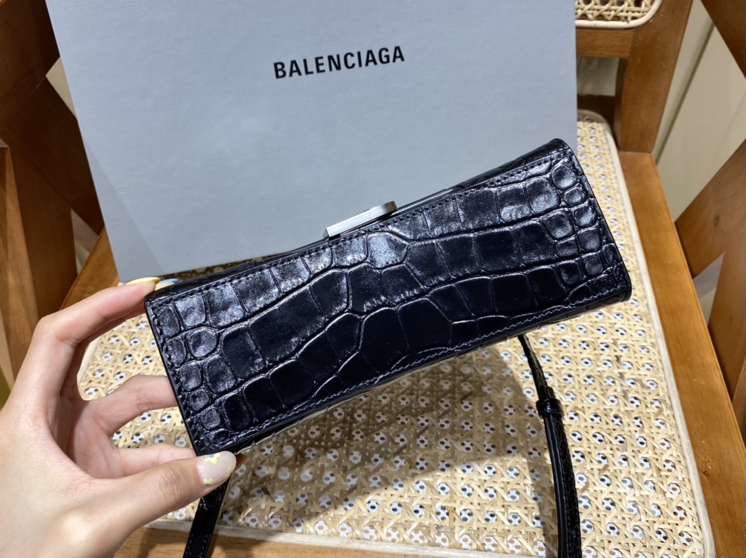 Balenciaga Hourglass XS 19CM BAG 鳄鱼纹沙漏包 592833黑色/银扣
