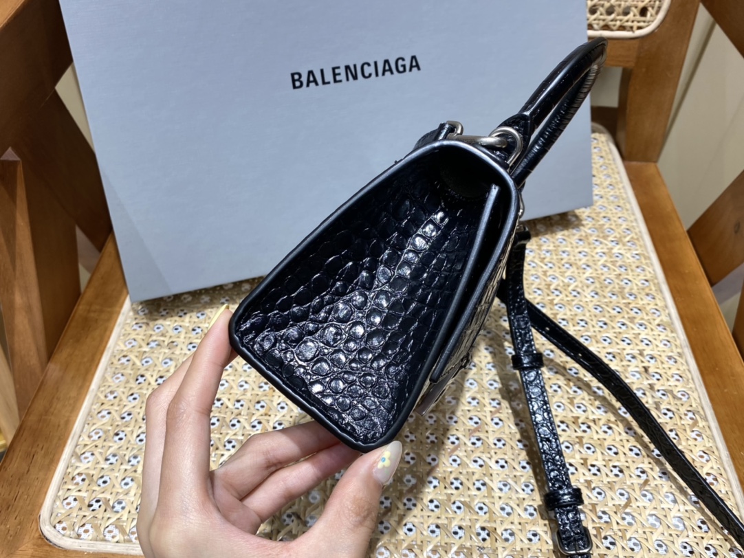 Balenciaga Hourglass XS 19CM BAG 鳄鱼纹沙漏包 592833黑色/银扣