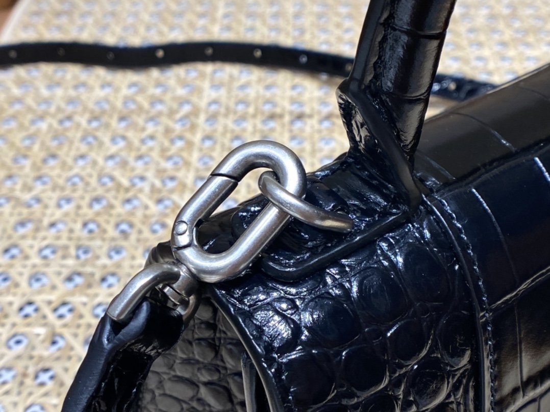 Balenciaga Hourglass XS 19CM BAG 鳄鱼纹沙漏包 592833黑色/银扣