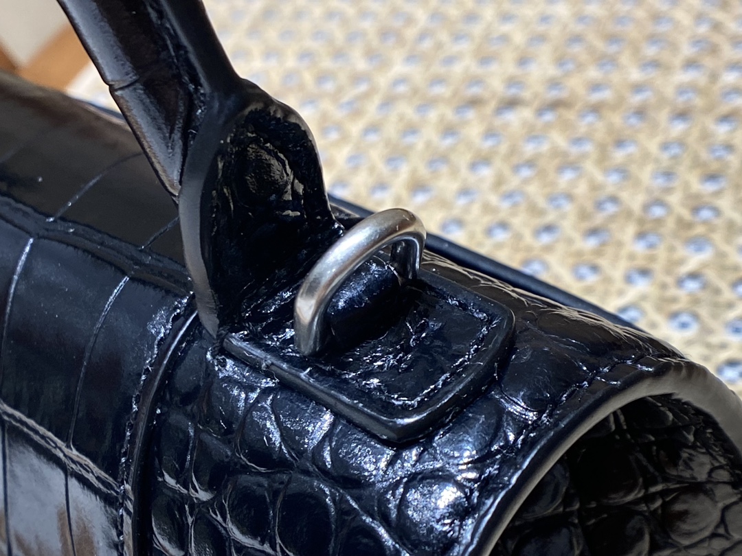 Balenciaga Hourglass XS 19CM BAG 鳄鱼纹沙漏包 592833黑色/银扣