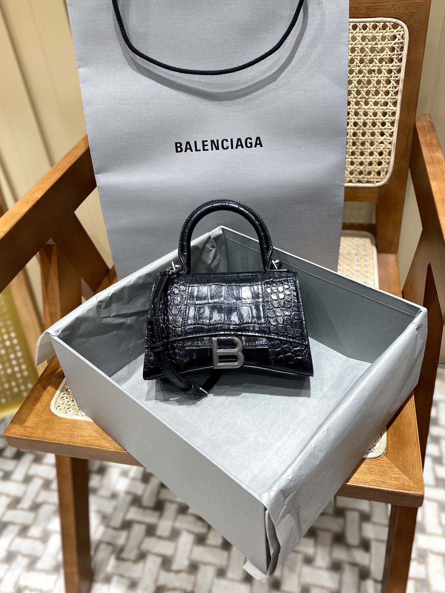 Balenciaga Hourglass XS 19CM BAG 鳄鱼纹沙漏包 592833黑色/银扣
