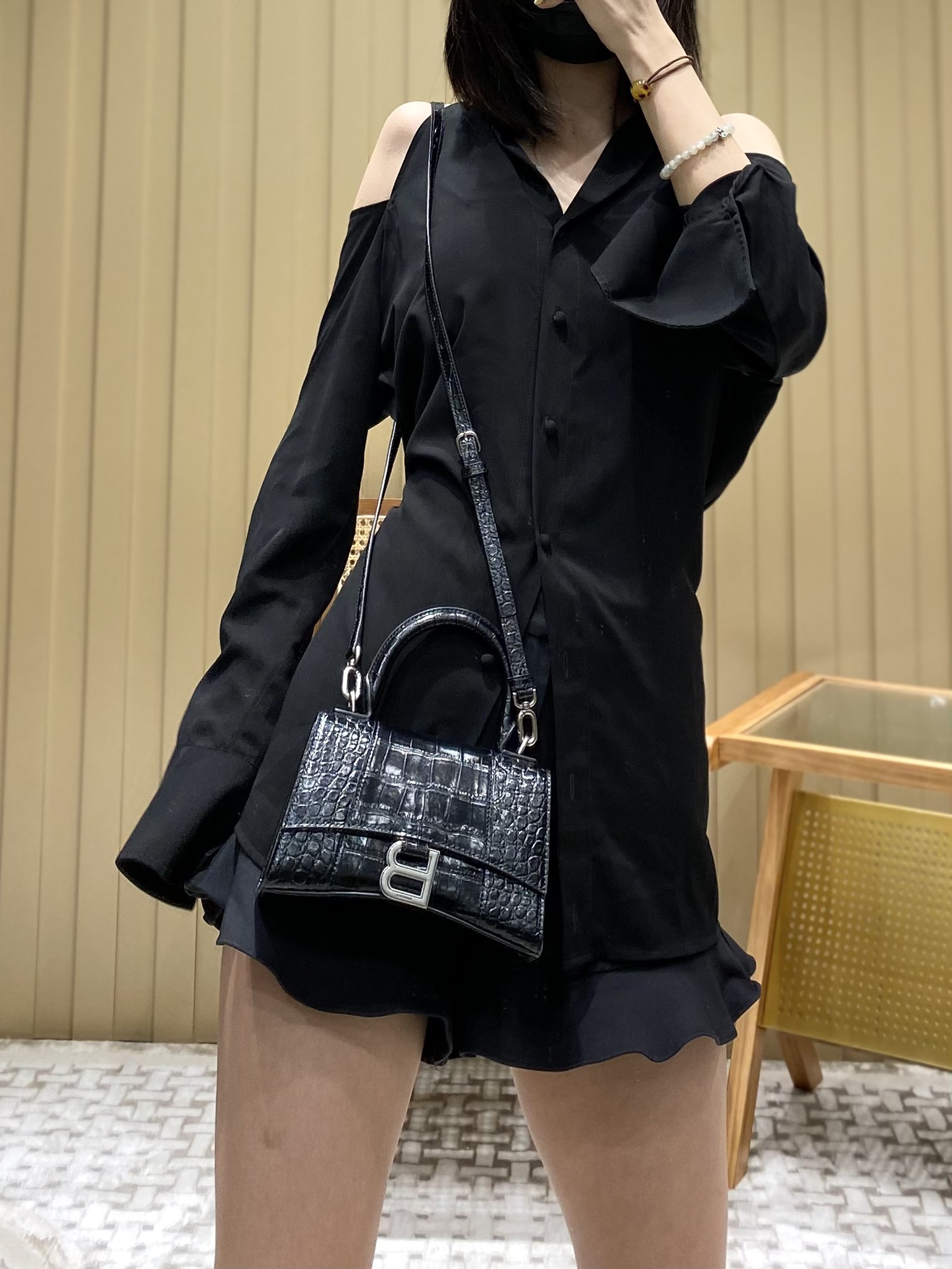 Balenciaga Hourglass XS 19CM BAG 鳄鱼纹沙漏包 592833黑色/银扣