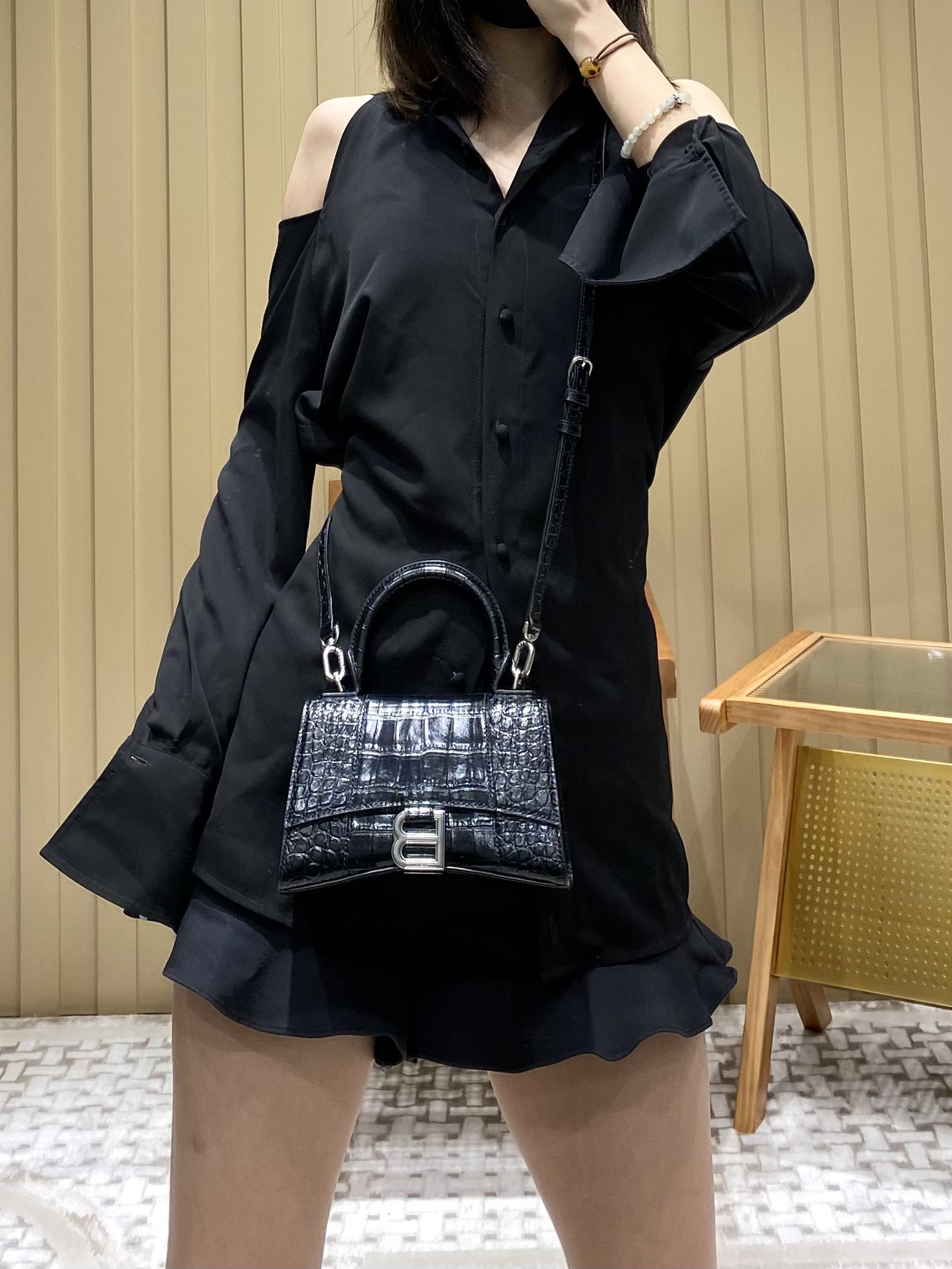 Balenciaga Hourglass XS 19CM BAG 鳄鱼纹沙漏包 592833黑色/银扣
