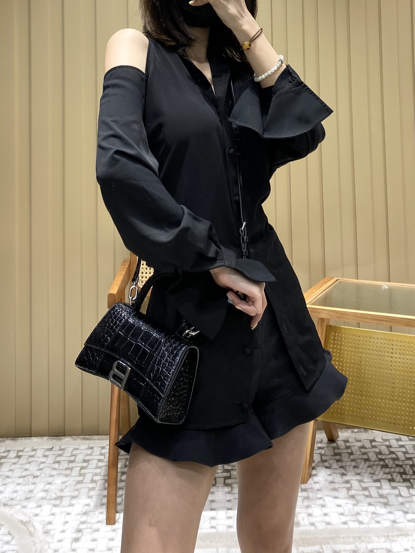 Balenciaga Hourglass XS 19CM BAG 鳄鱼纹沙漏包 592833黑色/银扣