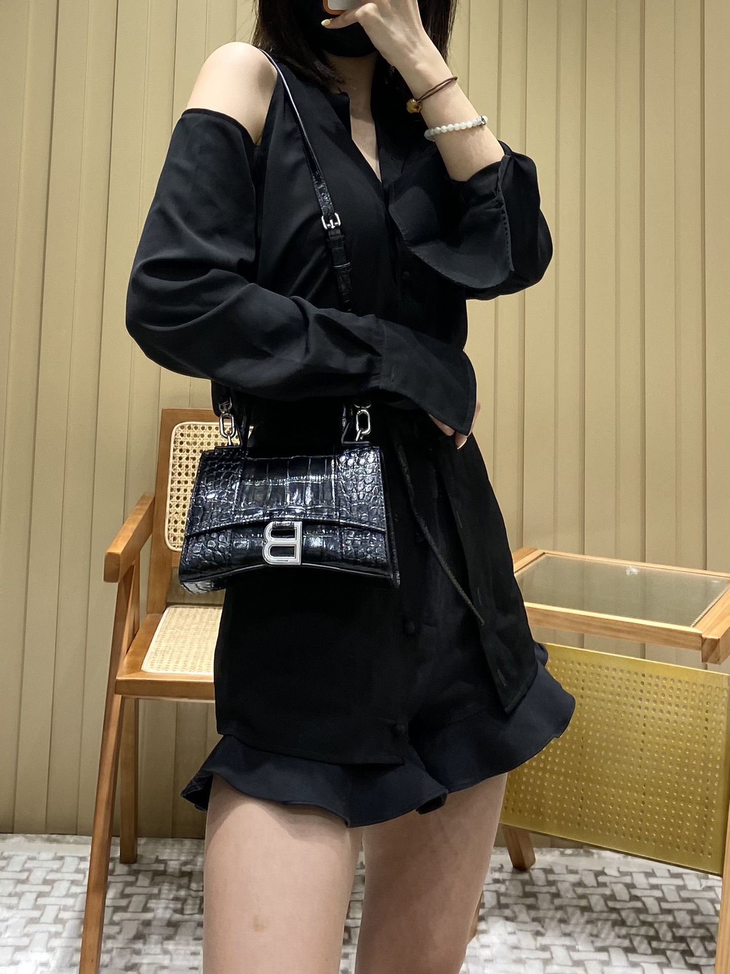 Balenciaga Hourglass XS 19CM BAG 鳄鱼纹沙漏包 592833黑色/银扣