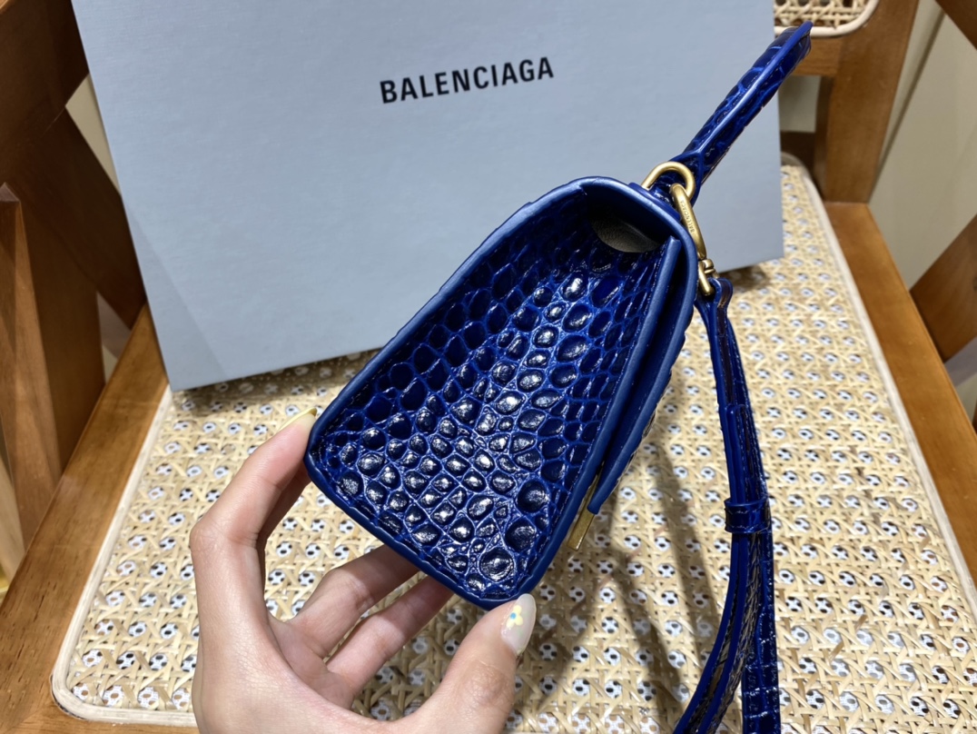 Balenciaga Hourglass XS 19CM BAG 鳄鱼纹沙漏包 592833蓝色/金扣