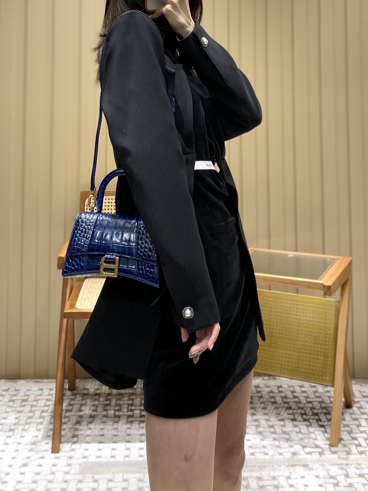 Balenciaga Hourglass XS 19CM BAG 鳄鱼纹沙漏包 592833蓝色/金扣