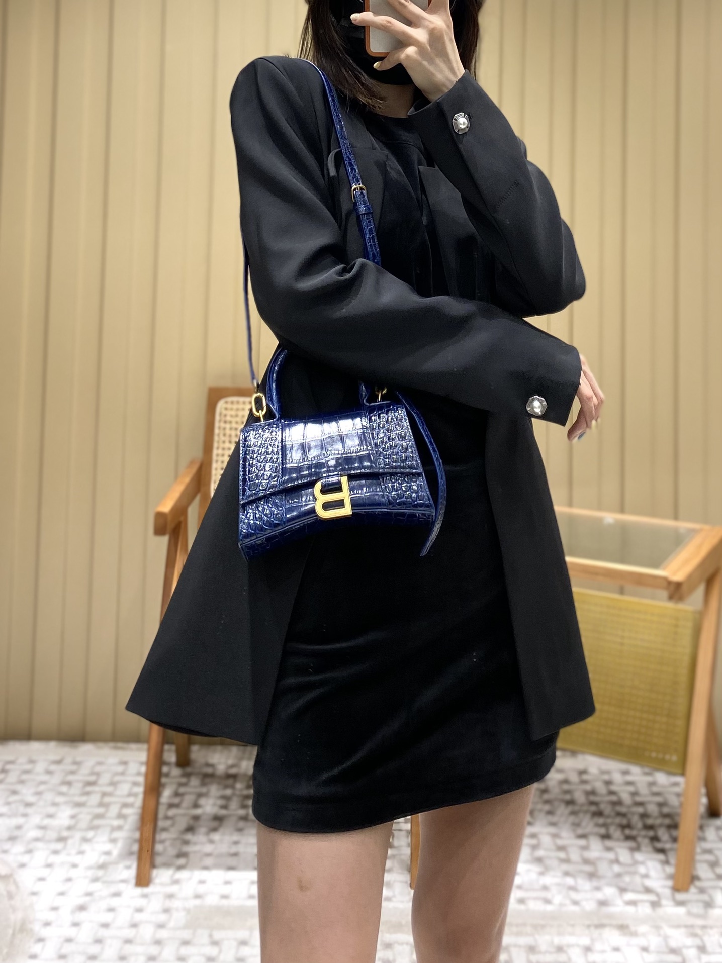 Balenciaga Hourglass XS 19CM BAG 鳄鱼纹沙漏包 592833蓝色/金扣