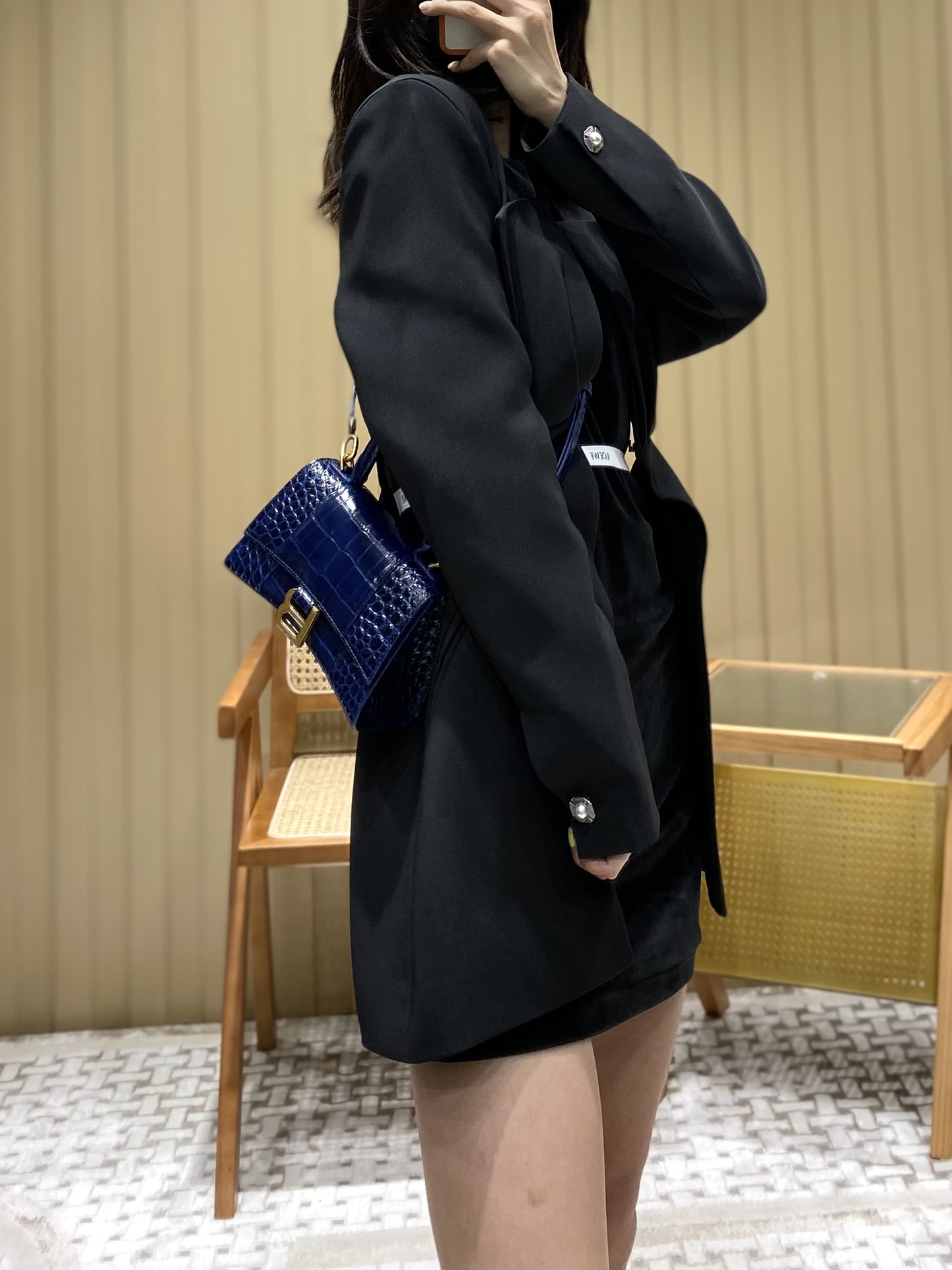 Balenciaga Hourglass XS 19CM BAG 鳄鱼纹沙漏包 592833蓝色/金扣
