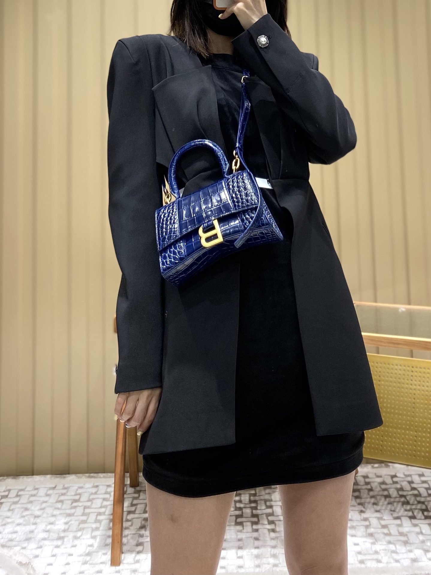 Balenciaga Hourglass XS 19CM BAG 鳄鱼纹沙漏包 592833蓝色/金扣