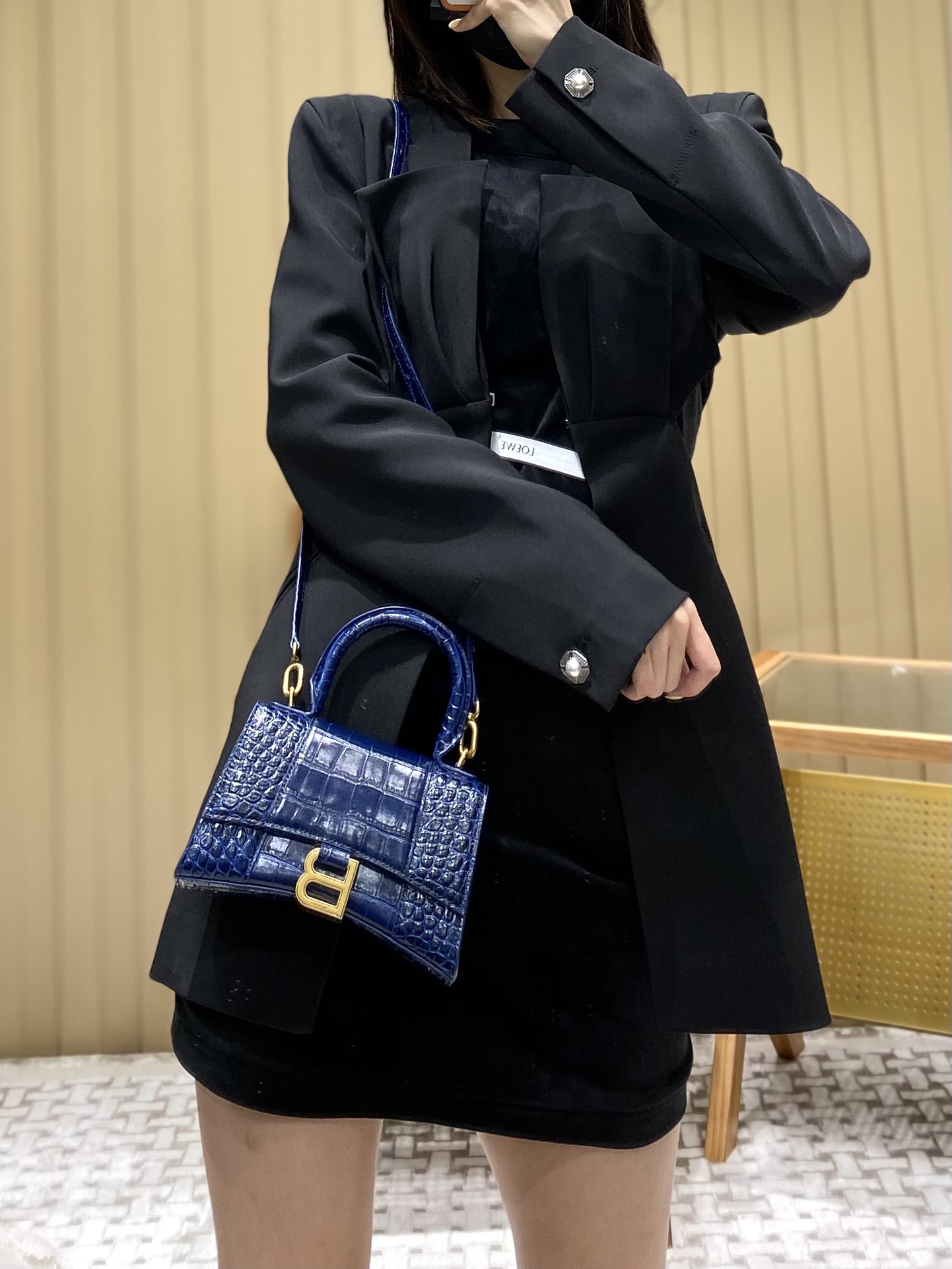 Balenciaga Hourglass XS 19CM BAG 鳄鱼纹沙漏包 592833蓝色/金扣