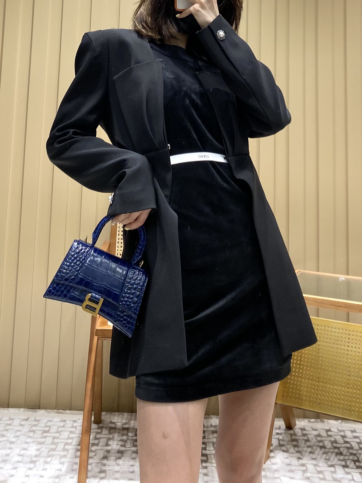 Balenciaga Hourglass XS 19CM BAG 鳄鱼纹沙漏包 592833蓝色/金扣