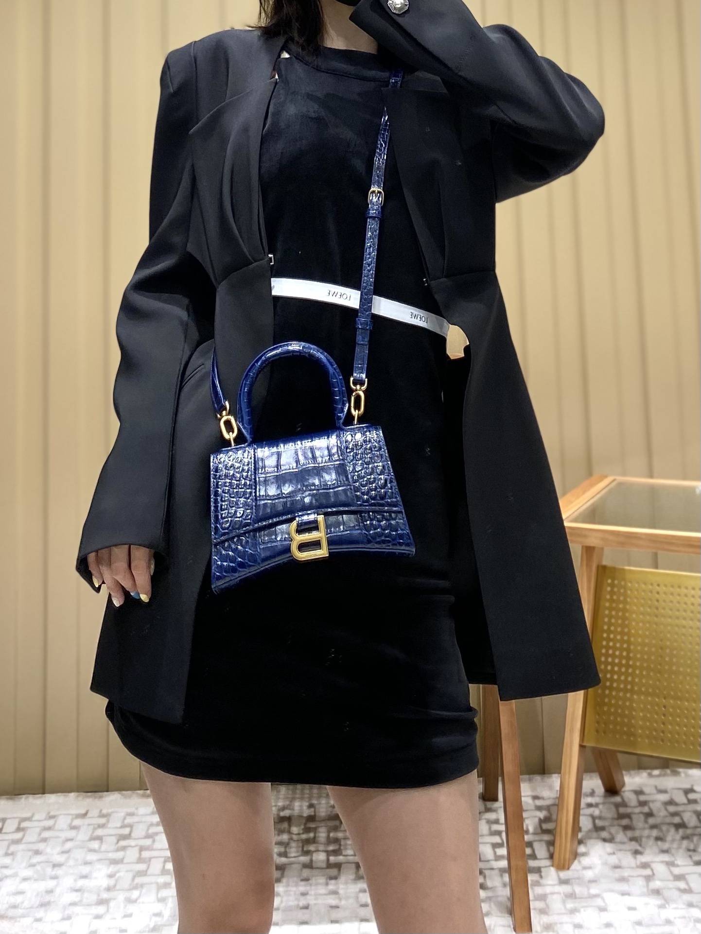 Balenciaga Hourglass XS 19CM BAG 鳄鱼纹沙漏包 592833蓝色/金扣