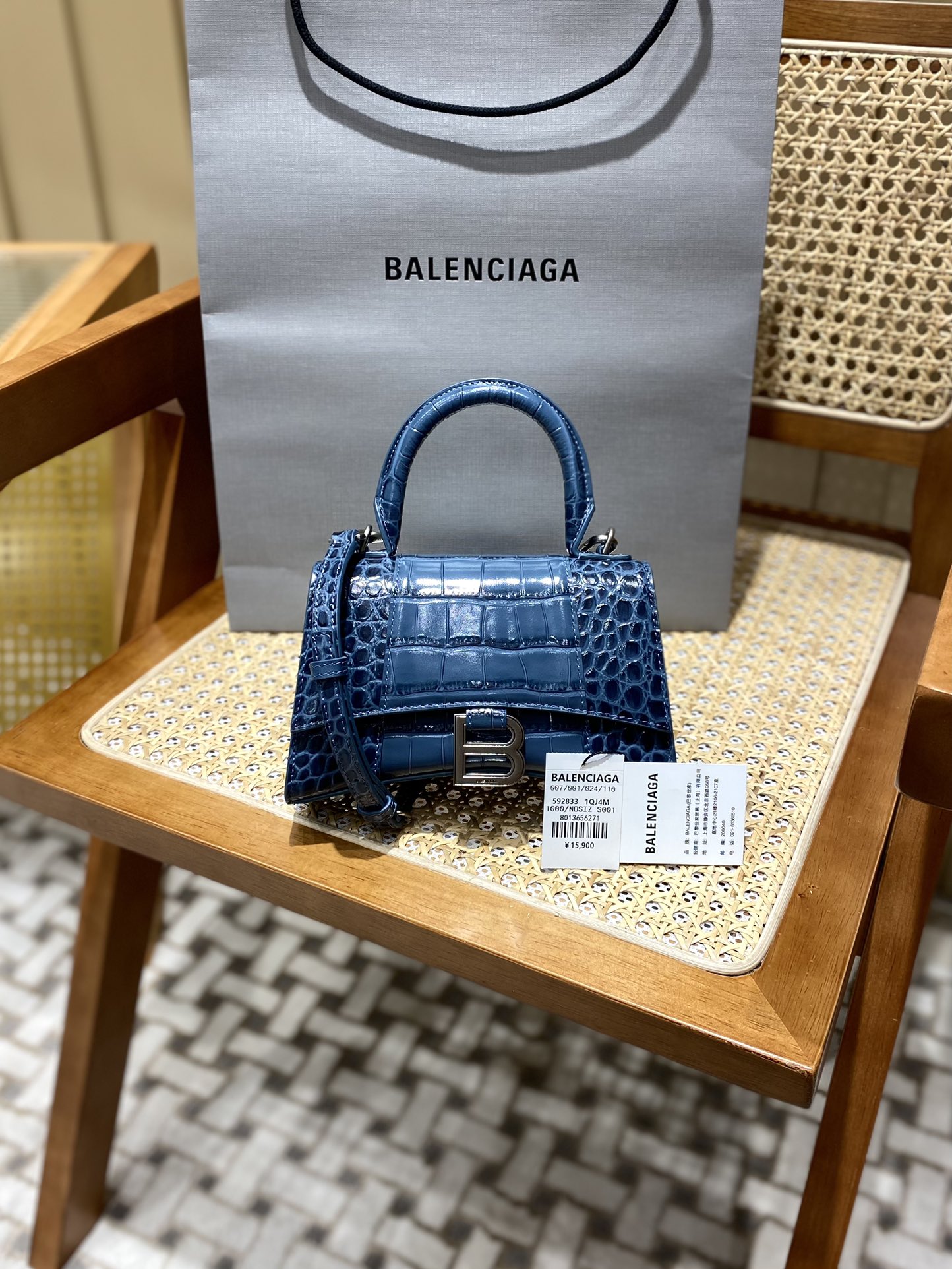 Balenciaga Hourglass XS 19CM BAG 鳄鱼纹沙漏包 592833灰蓝/银扣