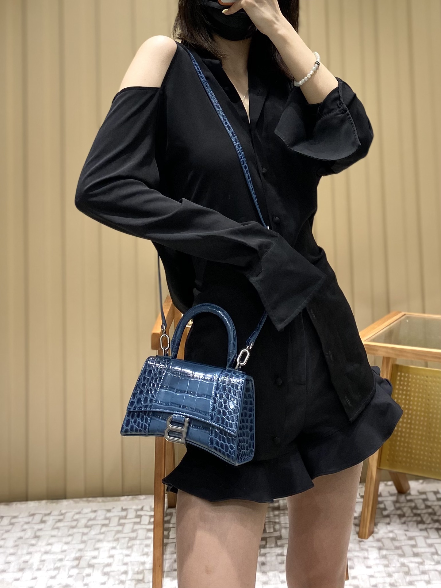 Balenciaga Hourglass XS 19CM BAG 鳄鱼纹沙漏包 592833灰蓝/银扣