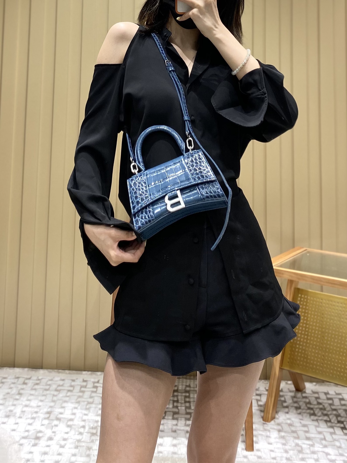 Balenciaga Hourglass XS 19CM BAG 鳄鱼纹沙漏包 592833灰蓝/银扣