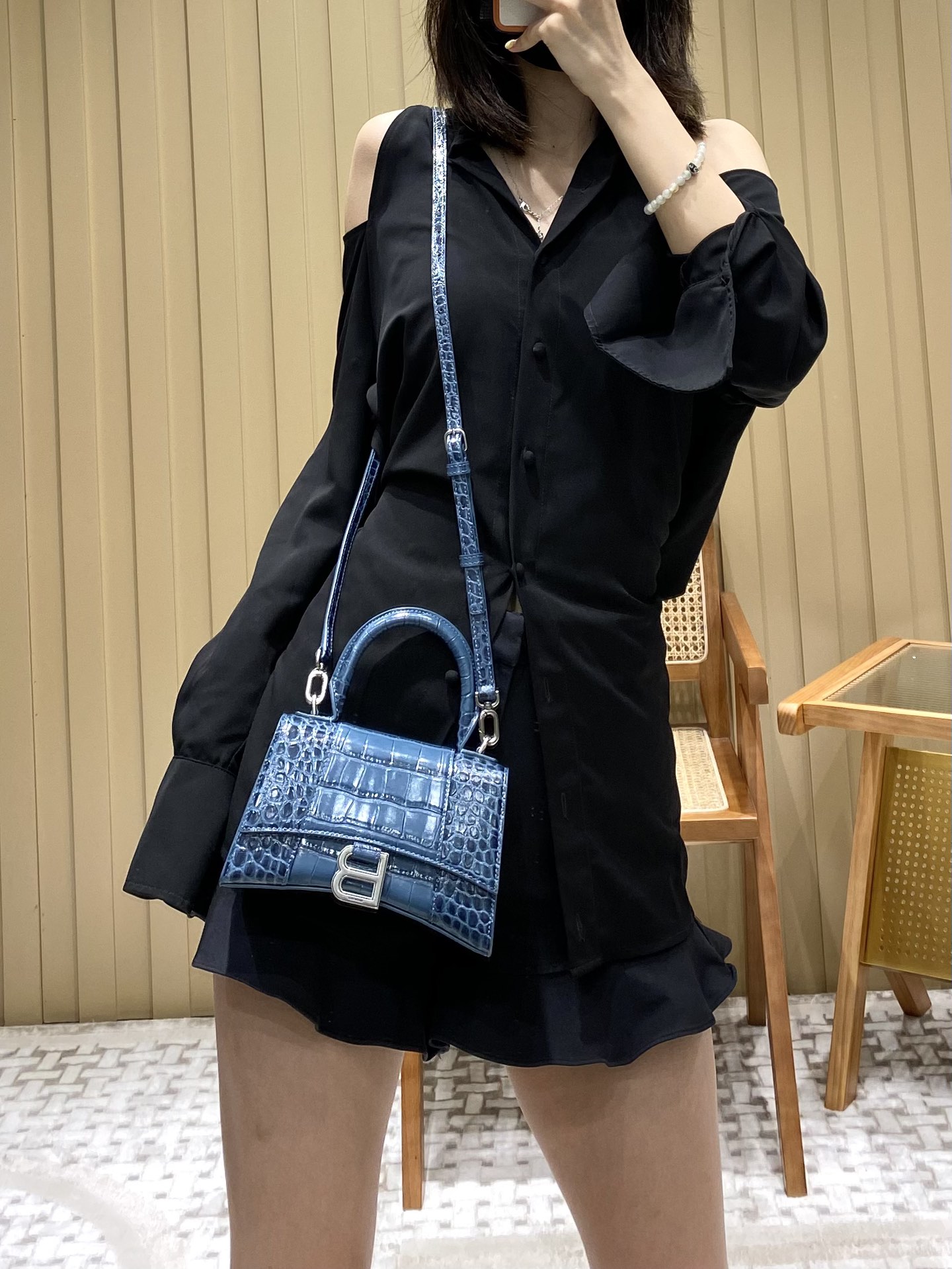 Balenciaga Hourglass XS 19CM BAG 鳄鱼纹沙漏包 592833灰蓝/银扣