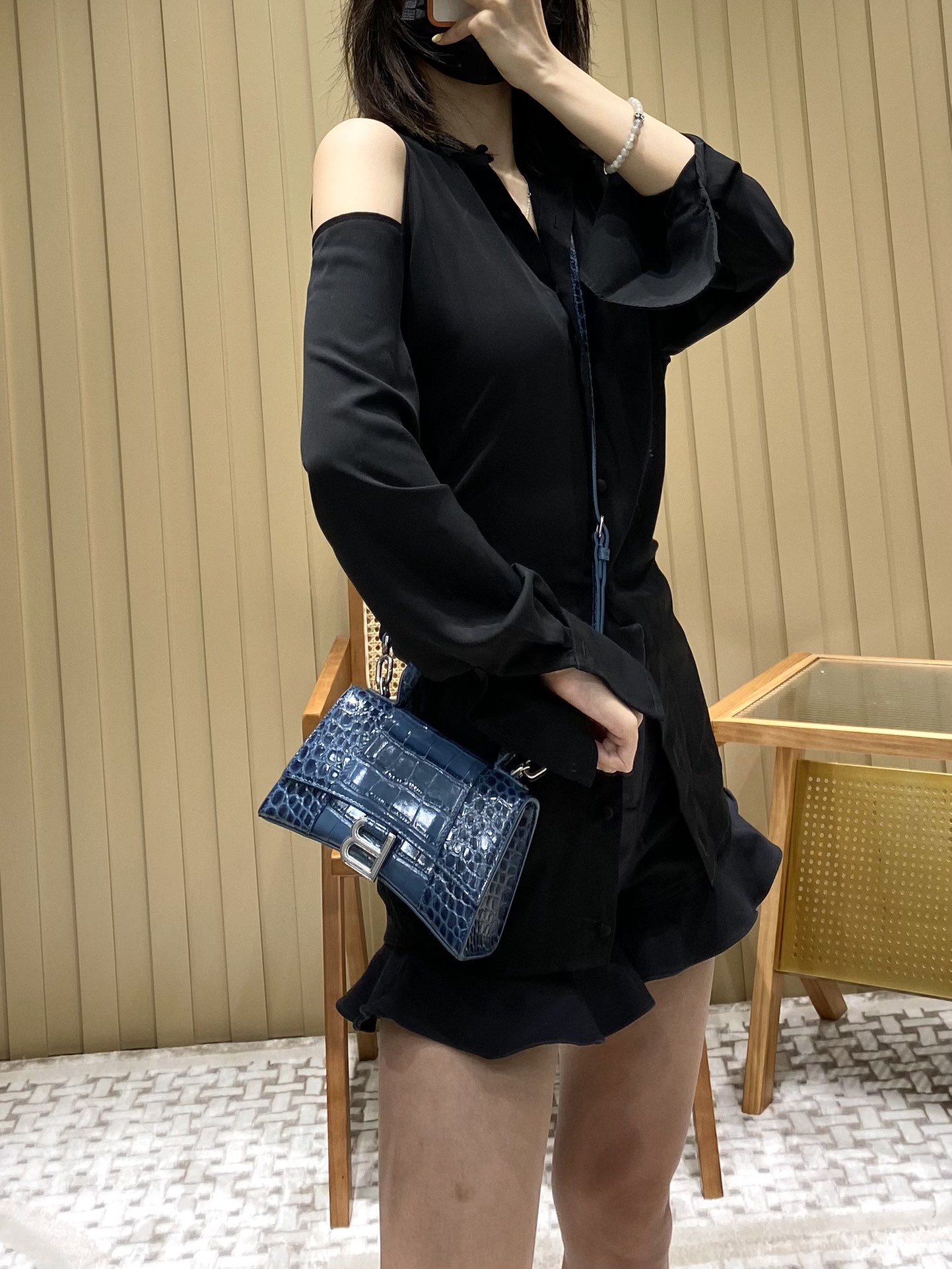 Balenciaga Hourglass XS 19CM BAG 鳄鱼纹沙漏包 592833灰蓝/银扣