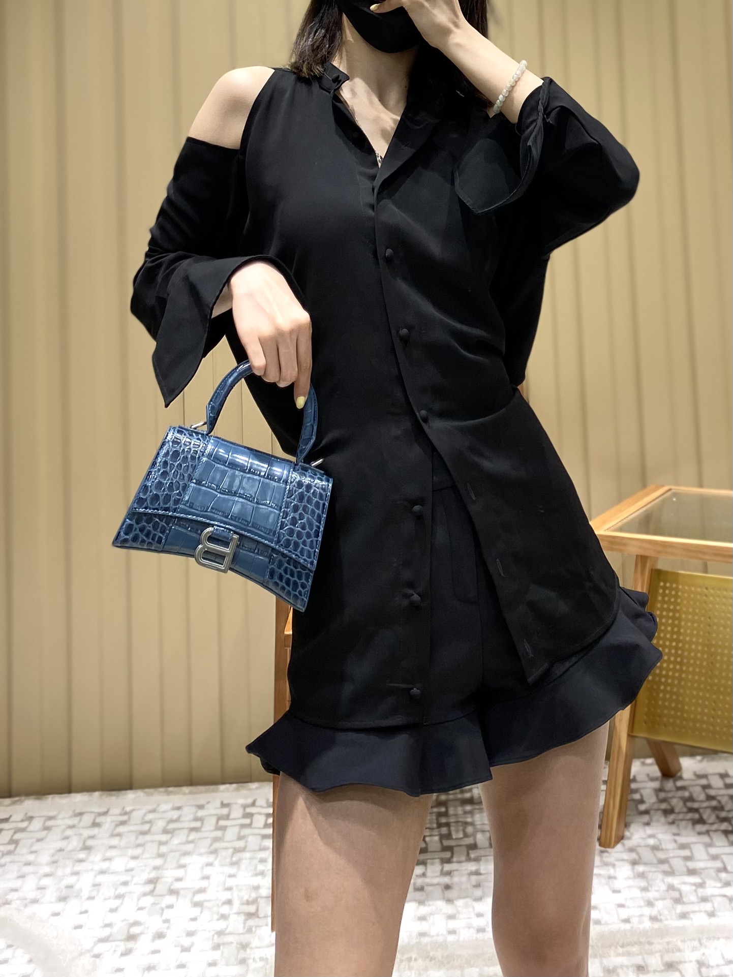 Balenciaga Hourglass XS 19CM BAG 鳄鱼纹沙漏包 592833灰蓝/银扣