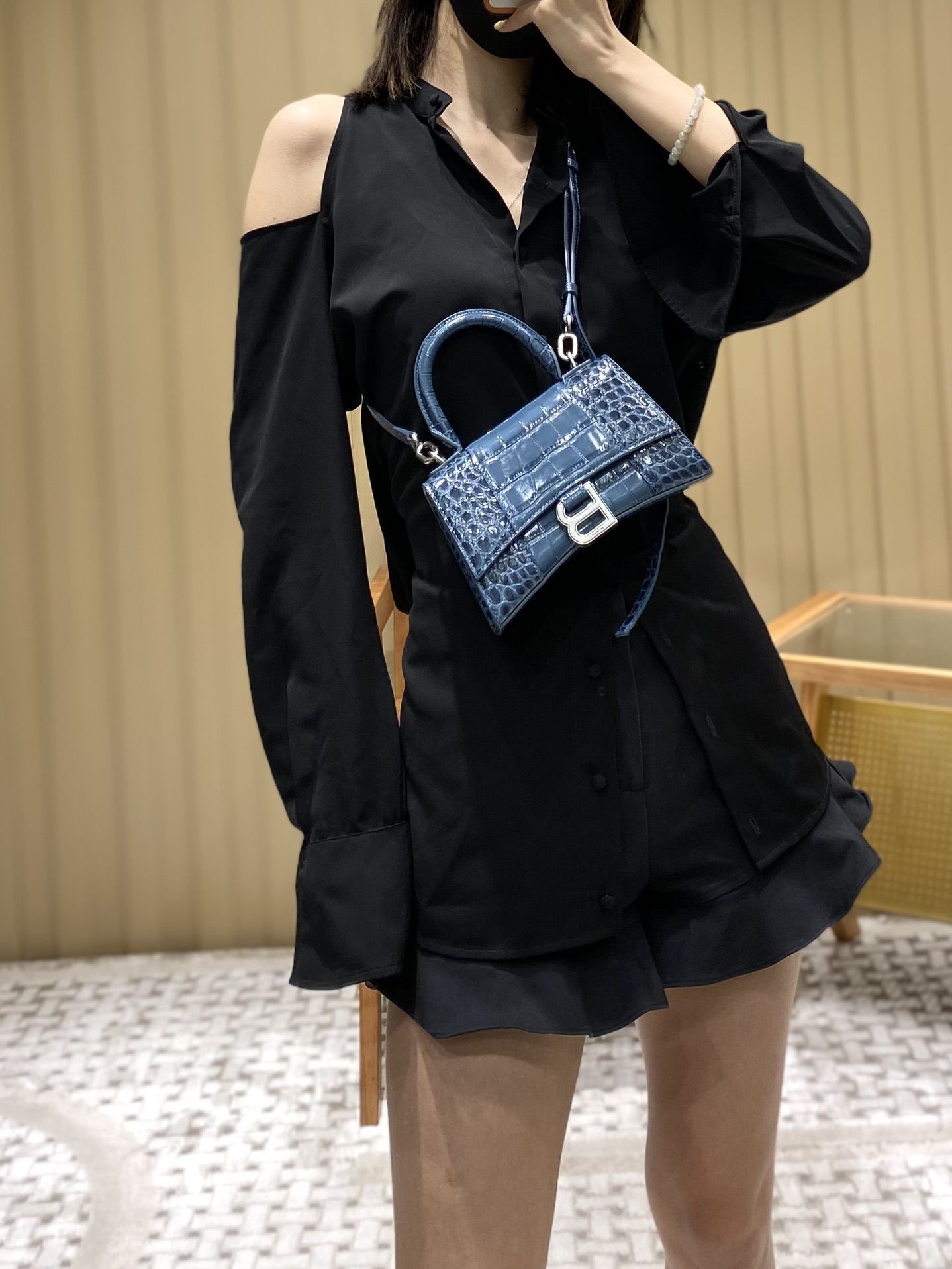 Balenciaga Hourglass XS 19CM BAG 鳄鱼纹沙漏包 592833灰蓝/银扣