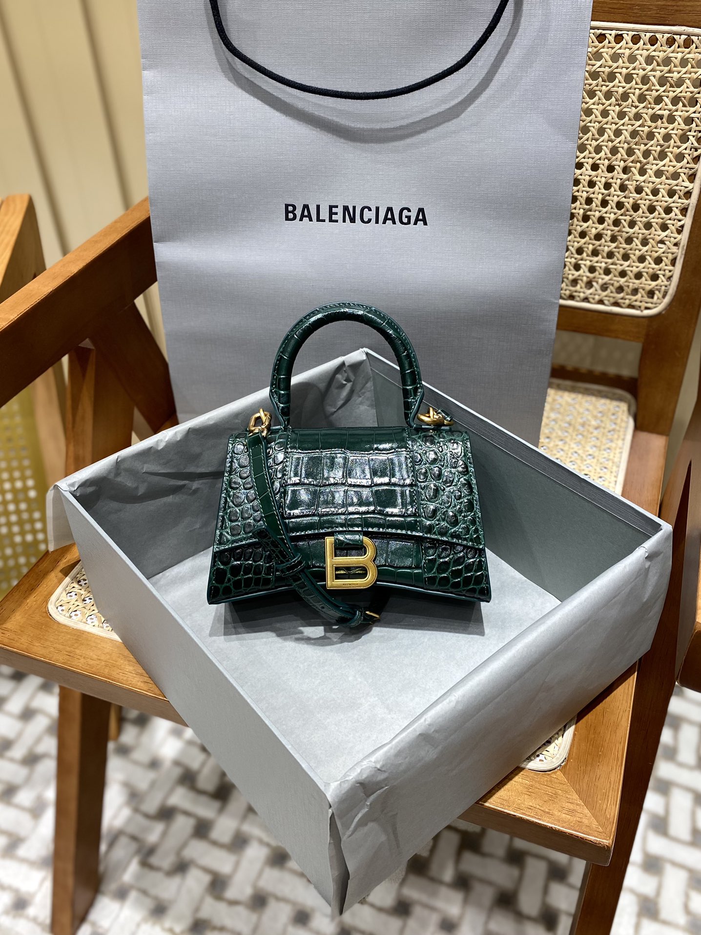 Balenciaga Hourglass XS 19CM BAG 鳄鱼纹沙漏包 592833墨绿/金扣