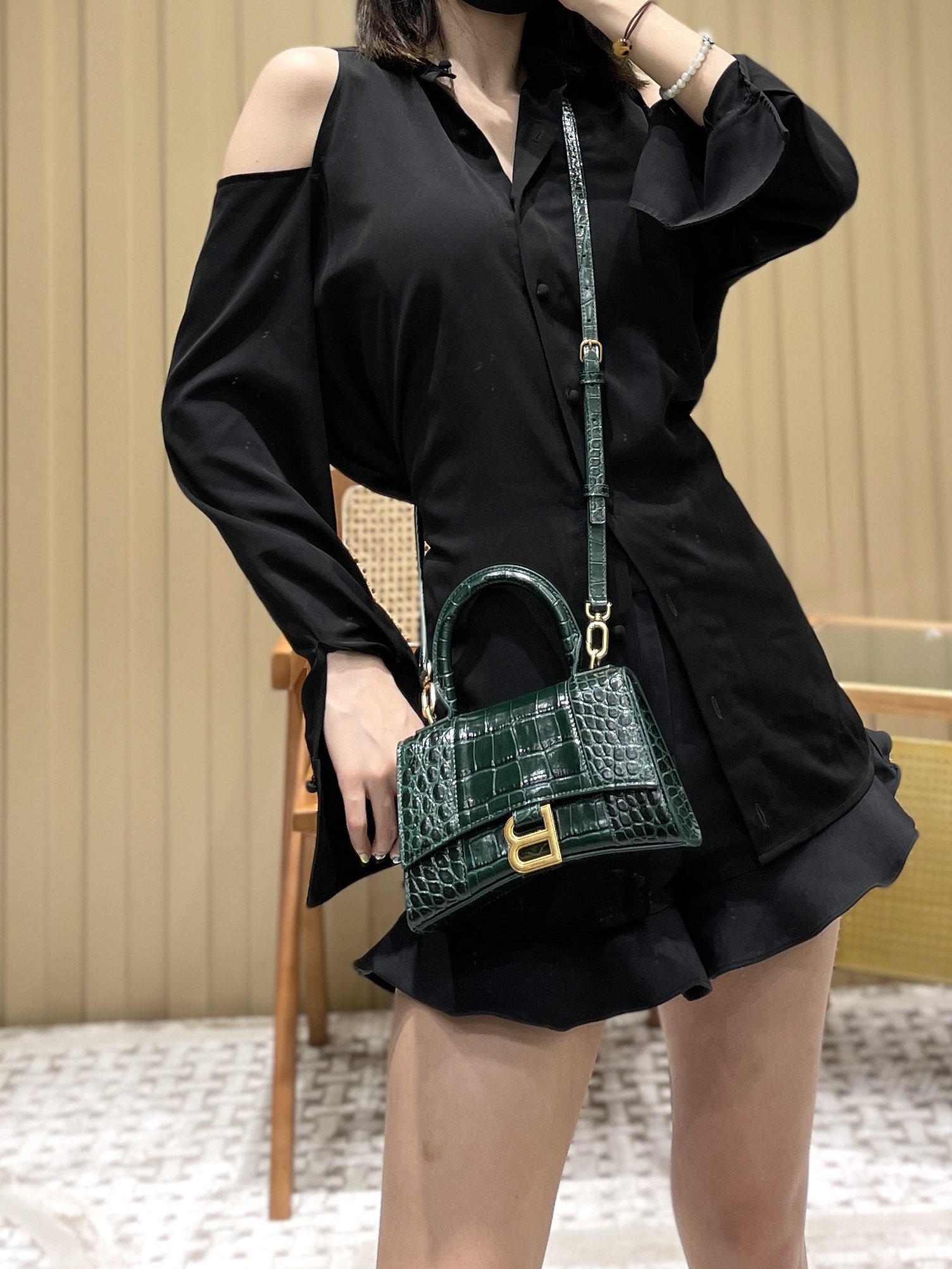 Balenciaga Hourglass XS 19CM BAG 鳄鱼纹沙漏包 592833墨绿/金扣