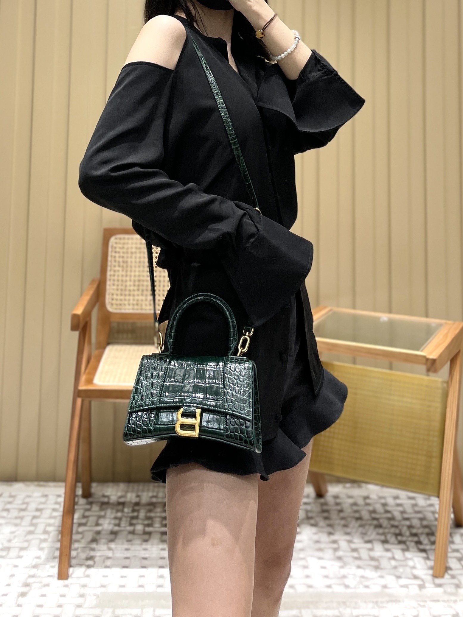 Balenciaga Hourglass XS 19CM BAG 鳄鱼纹沙漏包 592833墨绿/金扣