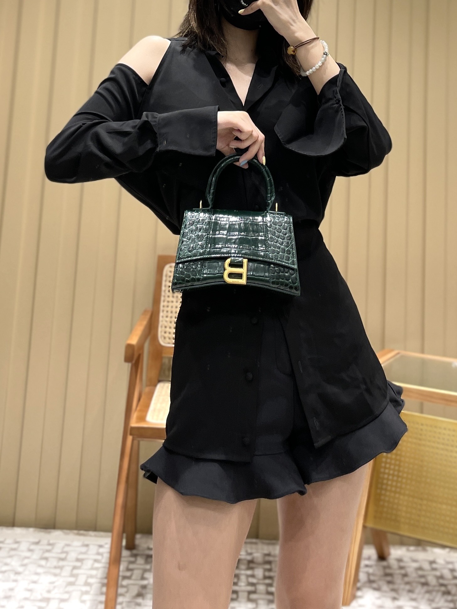 Balenciaga Hourglass XS 19CM BAG 鳄鱼纹沙漏包 592833墨绿/金扣