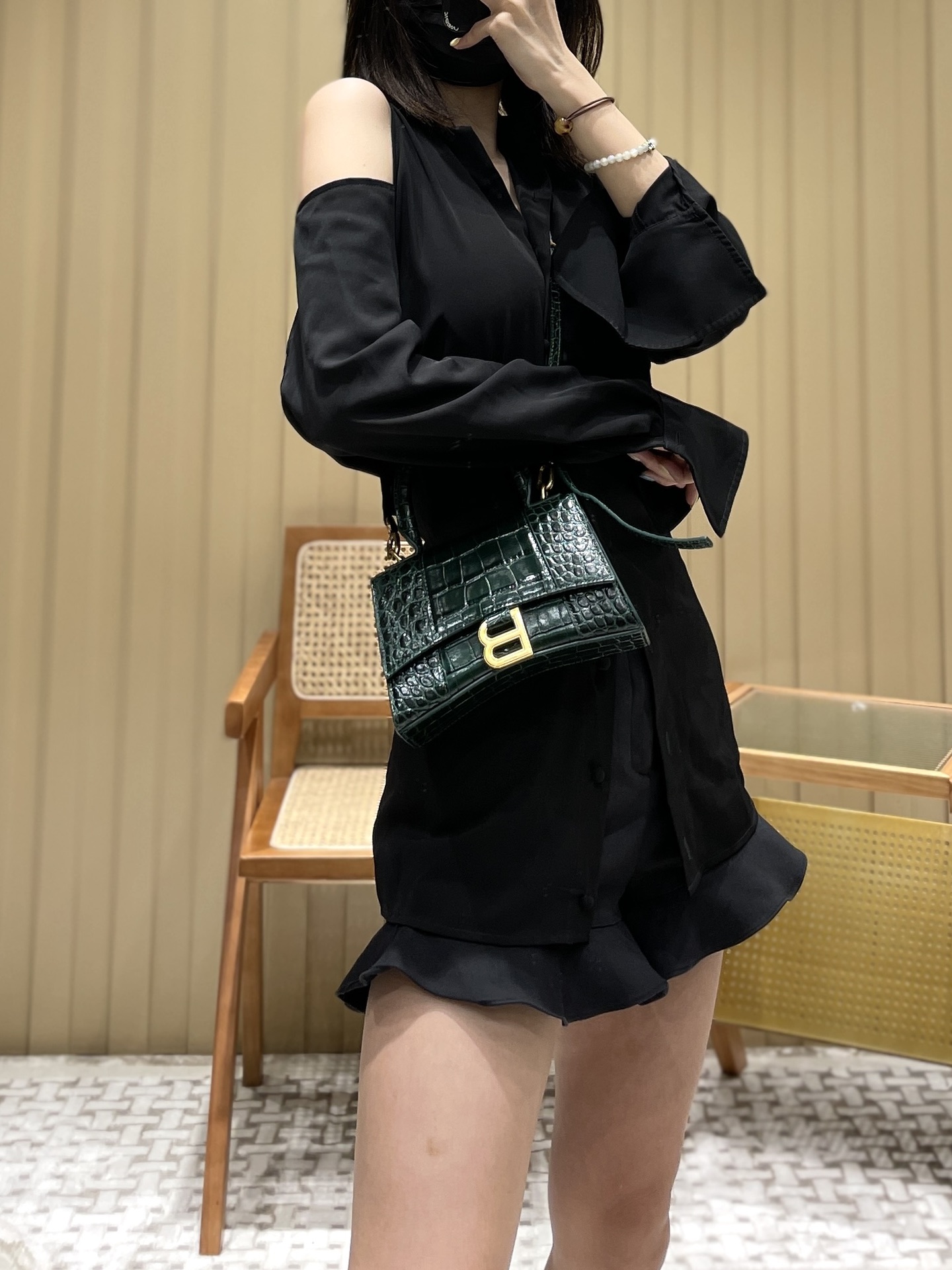 Balenciaga Hourglass XS 19CM BAG 鳄鱼纹沙漏包 592833墨绿/金扣