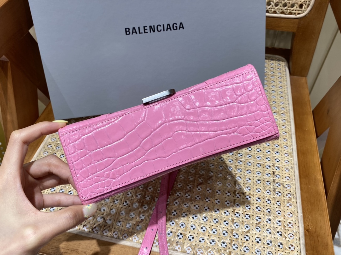 Balenciaga Hourglass XS 19CM BAG 鳄鱼纹沙漏包 592833粉色/银扣