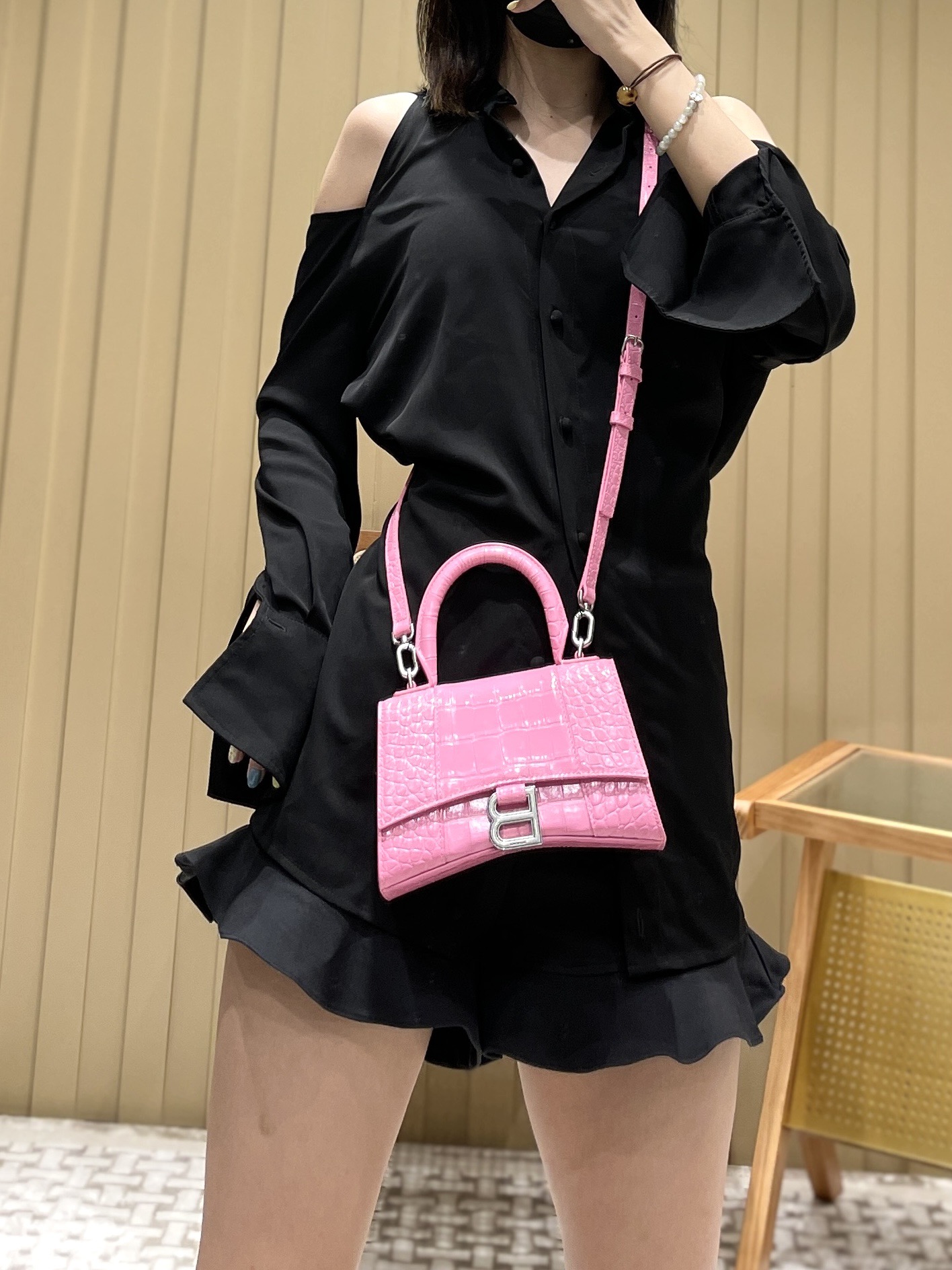 Balenciaga Hourglass XS 19CM BAG 鳄鱼纹沙漏包 592833粉色/银扣