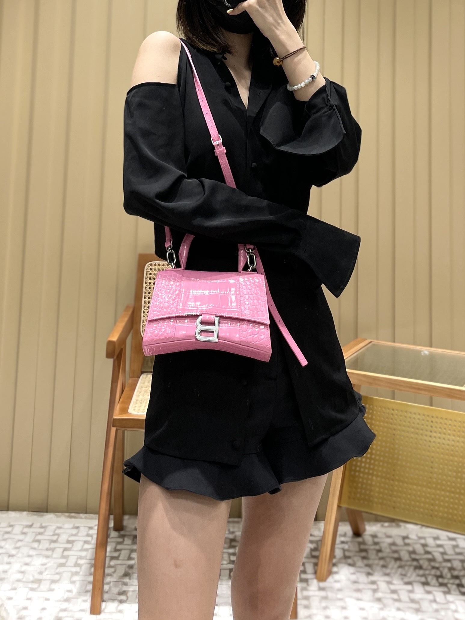 Balenciaga Hourglass XS 19CM BAG 鳄鱼纹沙漏包 592833粉色/银扣