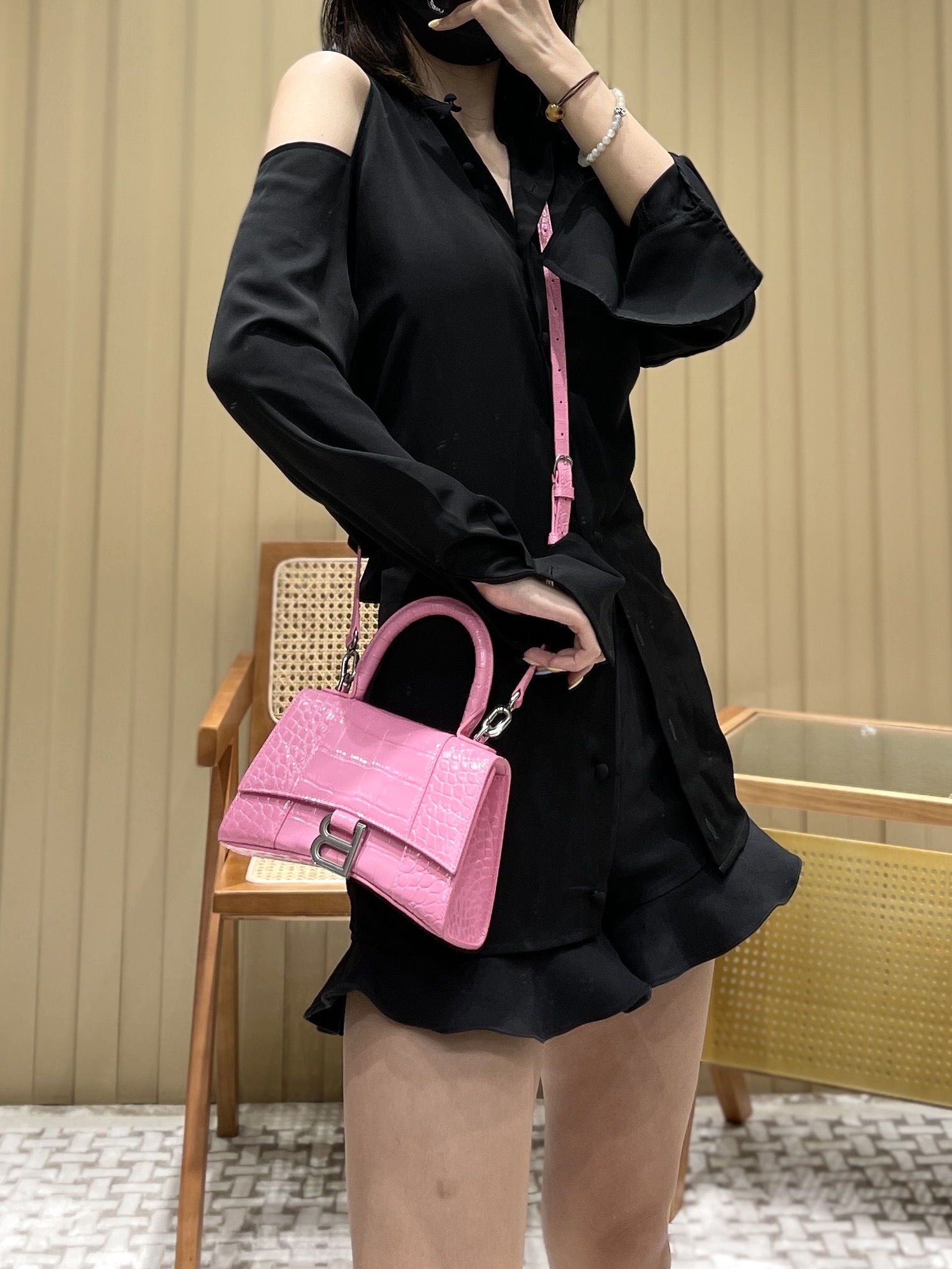 Balenciaga Hourglass XS 19CM BAG 鳄鱼纹沙漏包 592833粉色/银扣