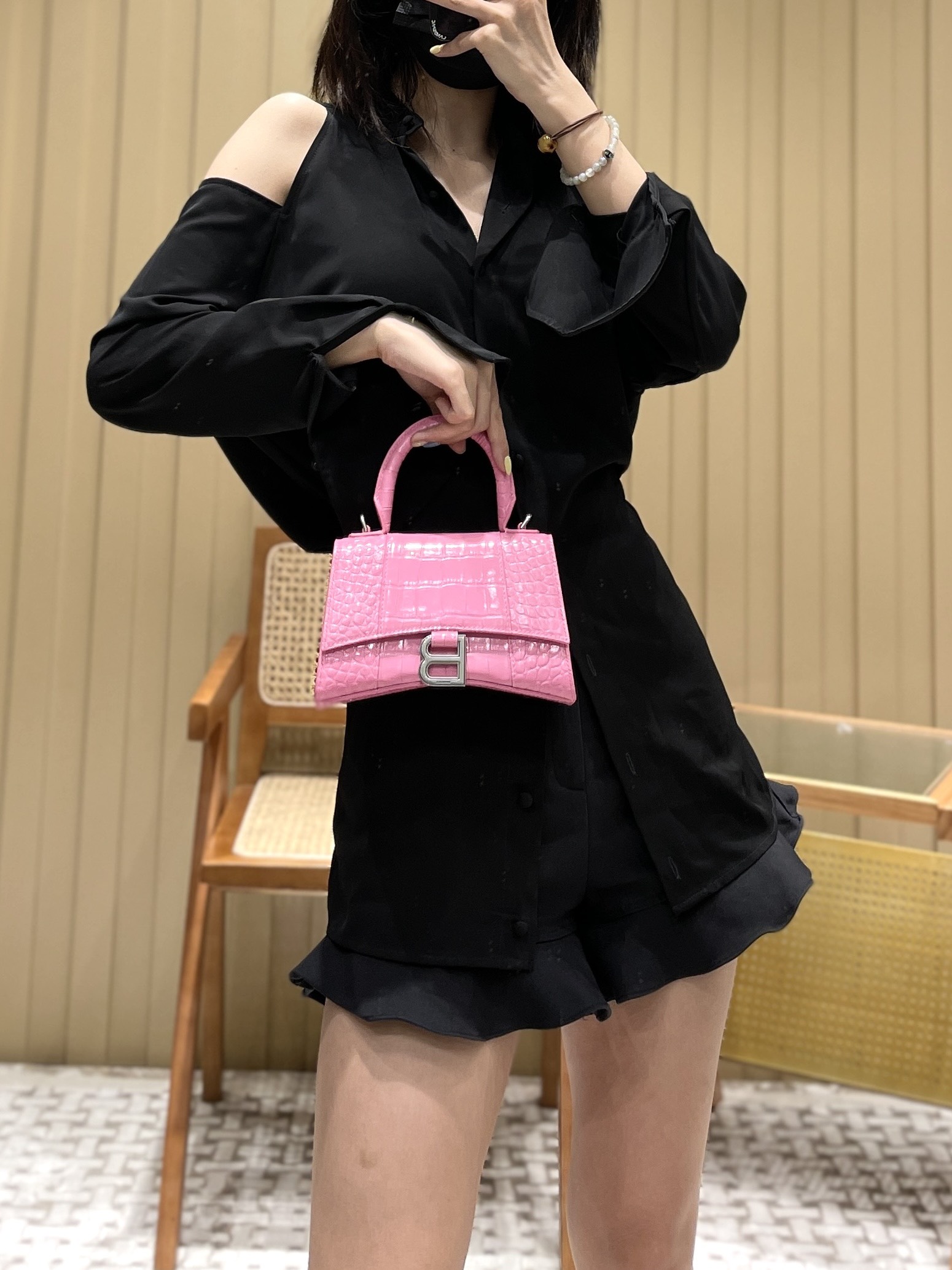 Balenciaga Hourglass XS 19CM BAG 鳄鱼纹沙漏包 592833粉色/银扣