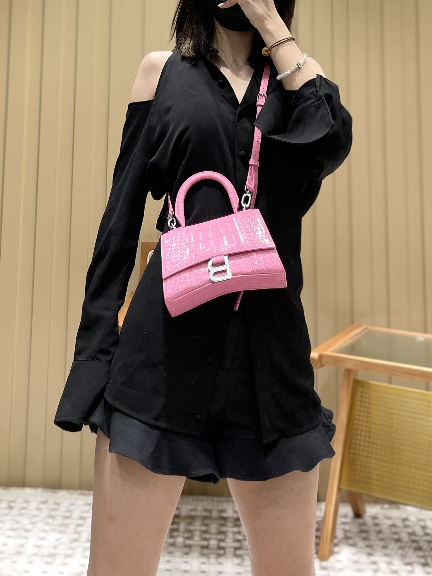 Balenciaga Hourglass XS 19CM BAG 鳄鱼纹沙漏包 592833粉色/银扣