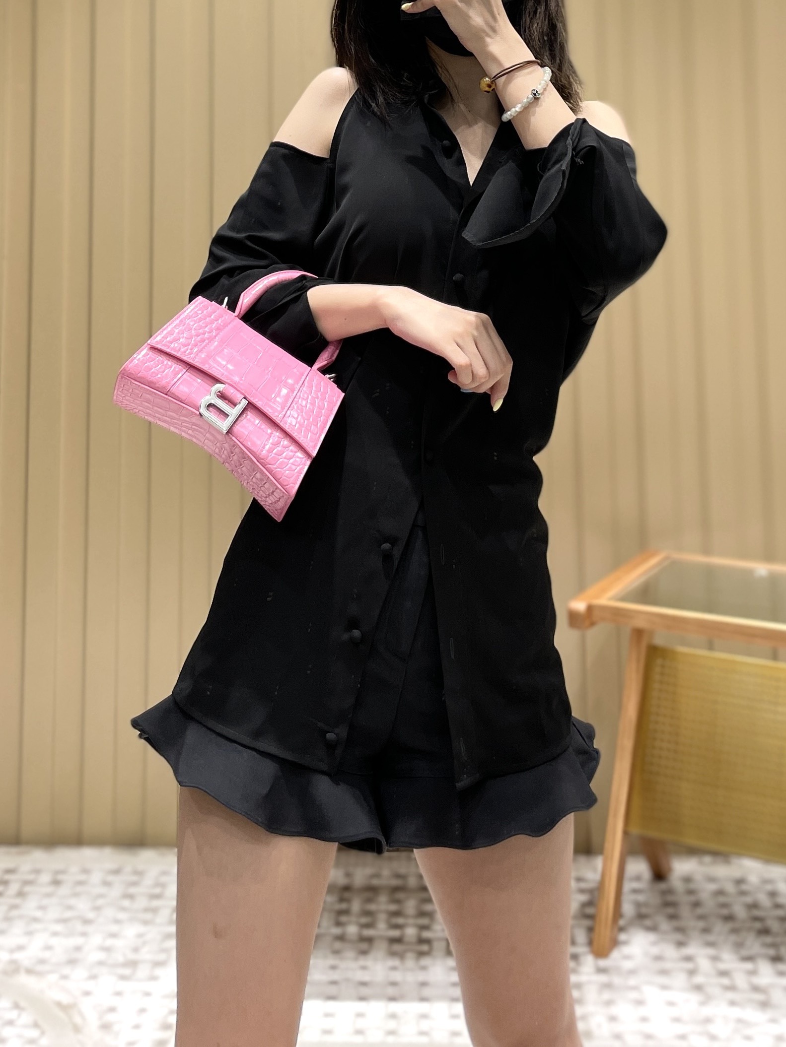 Balenciaga Hourglass XS 19CM BAG 鳄鱼纹沙漏包 592833粉色/银扣