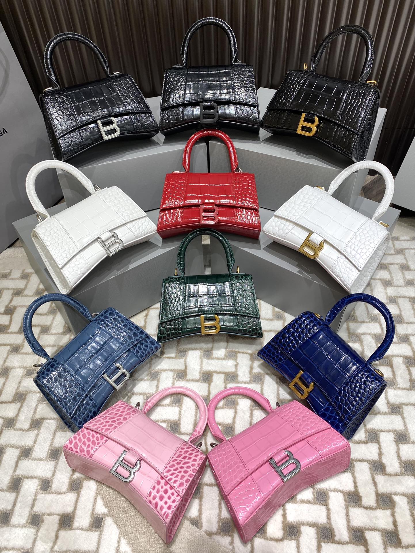 Balenciaga Hourglass XS 19CM BAG 鳄鱼纹沙漏包 592833黑色/金扣