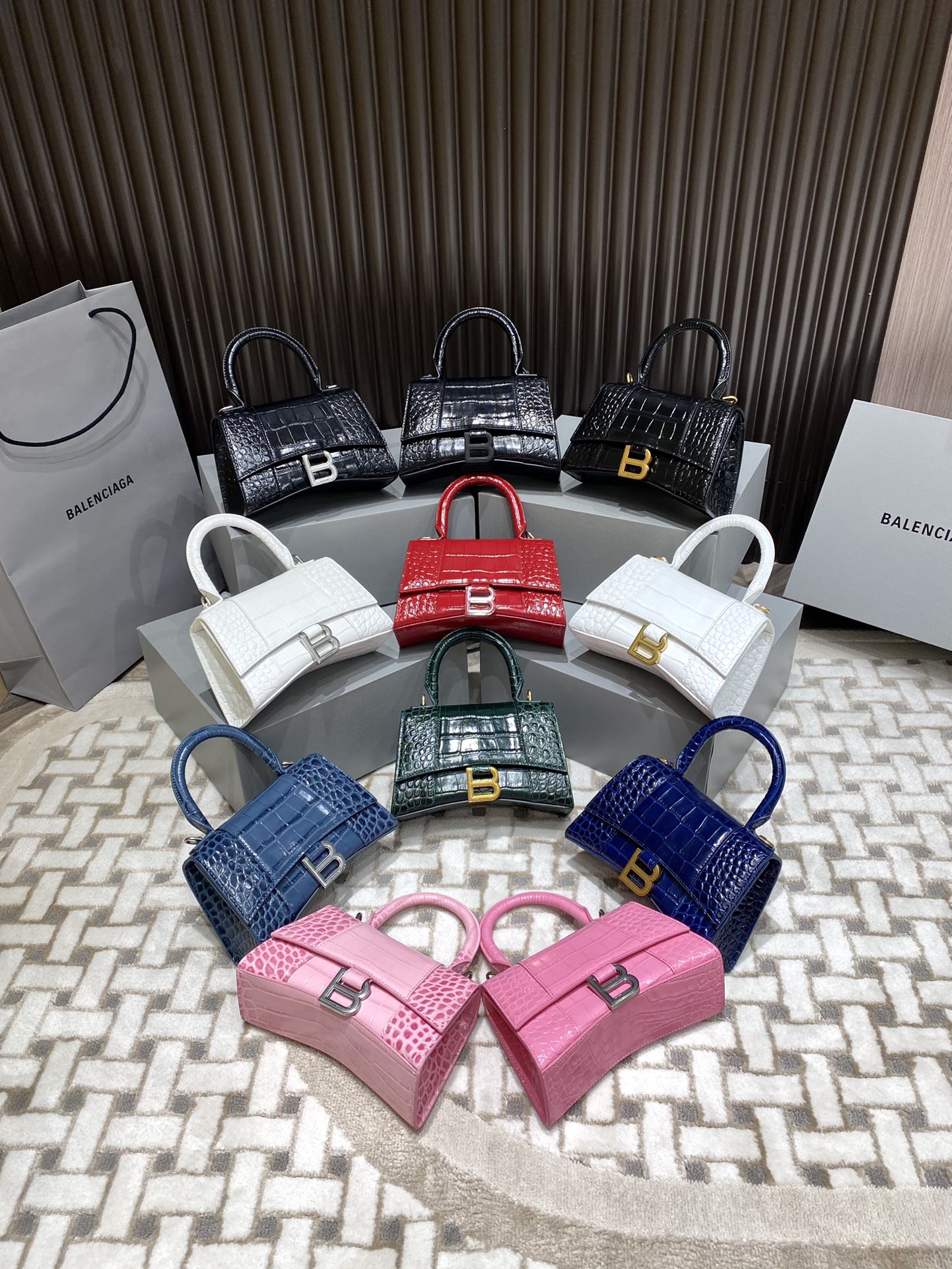 Balenciaga Hourglass XS 19CM BAG 鳄鱼纹沙漏包 592833黑色/金扣