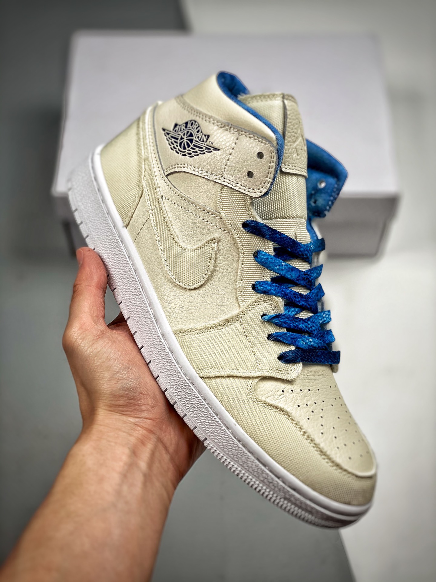 -4 Air Jordan 1 Mid beige y azul, serie de caña media, nuevo lote, suela original con molde original, cuero personaliza…