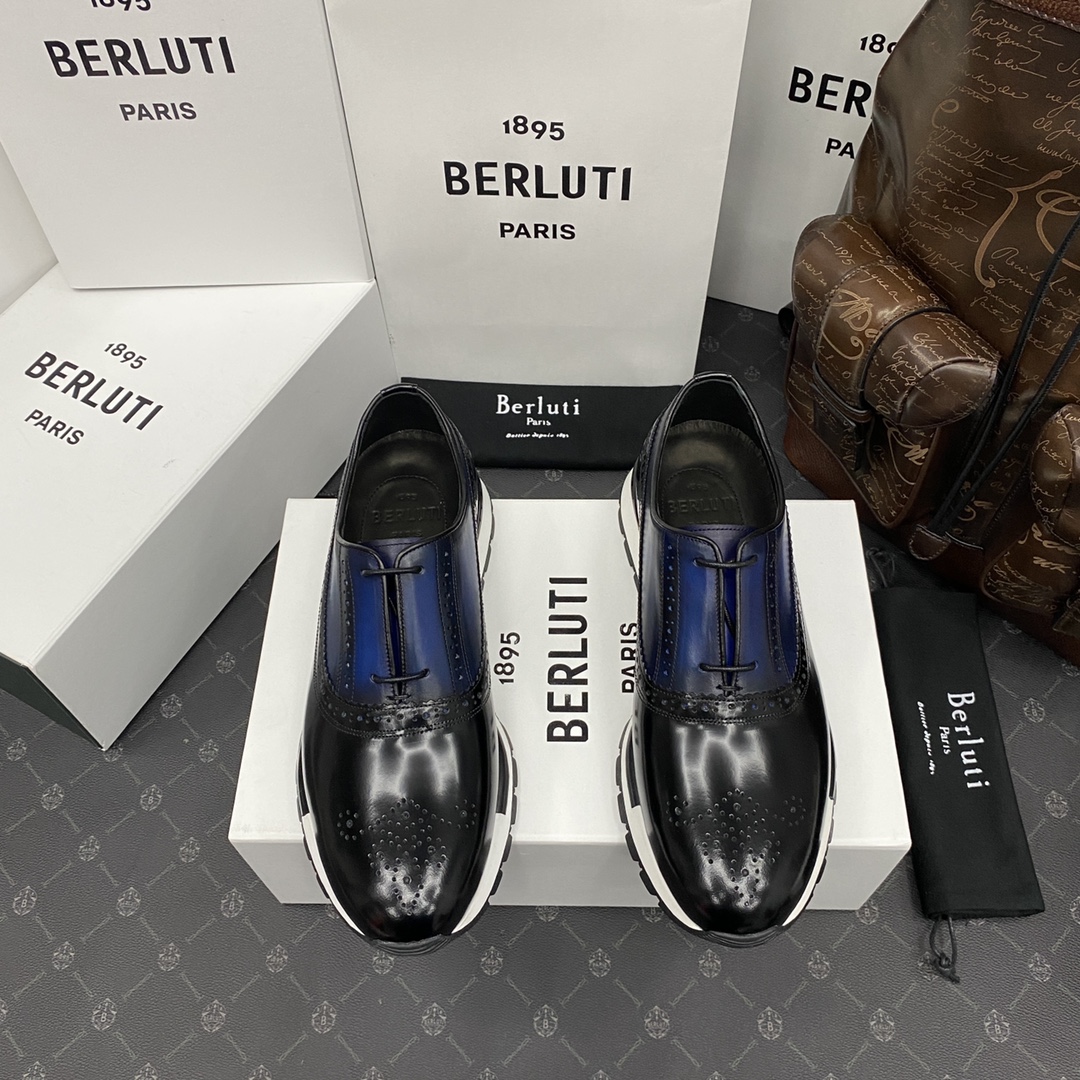 Berlut*布鲁提第三代升级版大底最新款运动男士休闲运动鞋跑鞋采用进口开边珠亮牛皮拼接改色牛胚皮打造对