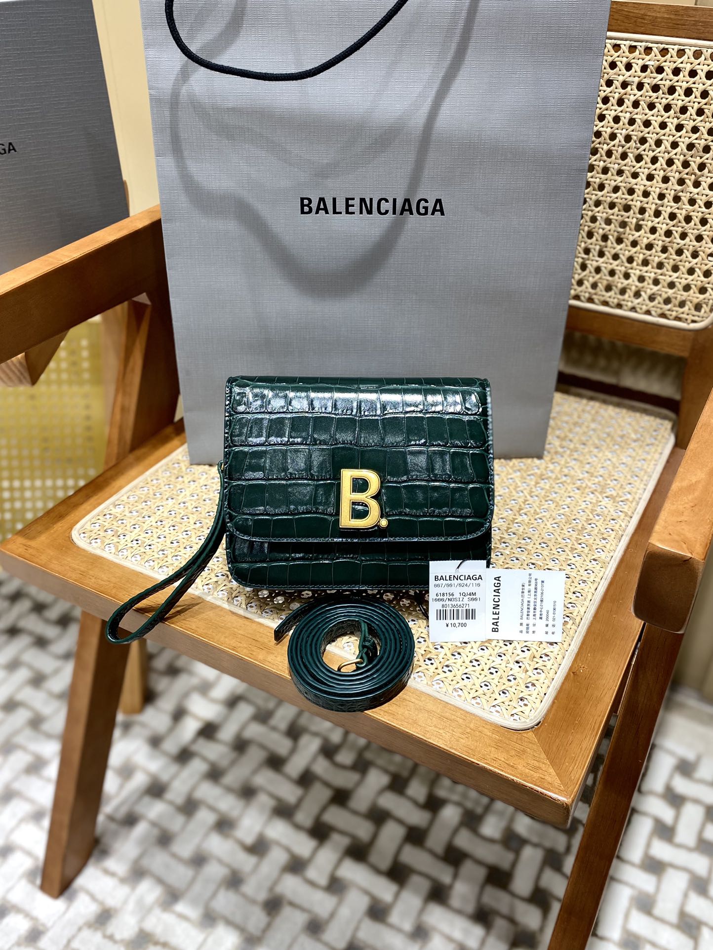 Balenciaga B.Small 18CM Bag 618156鳄鱼纹绿色/金扣