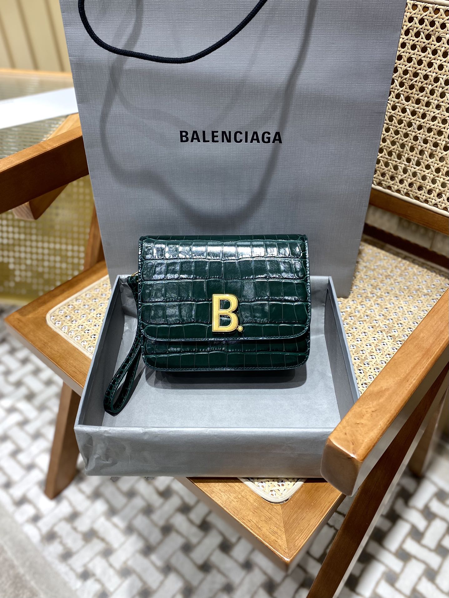 Balenciaga B.Small 18CM Bag 618156鳄鱼纹绿色/金扣