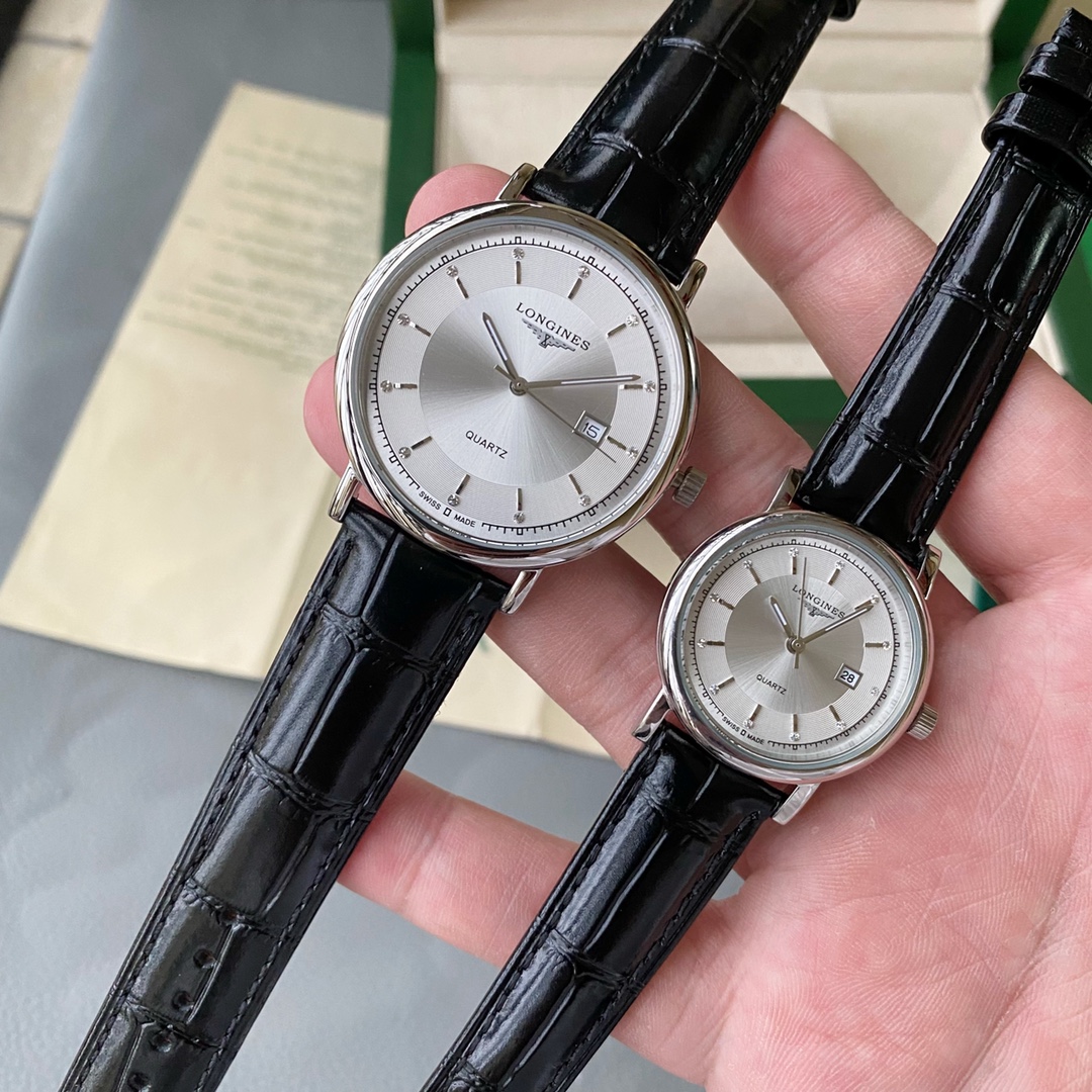J5   浪琴  Longines 精品情侣对表携手而来，简约精致，品质精湛，热卖全城。采用进口石英机芯，顶级316精钢表壳，进口小牛皮表带，矿物质超强镜面，男款尺寸40*10，女款尺寸 30*10顶级出品 精品不断