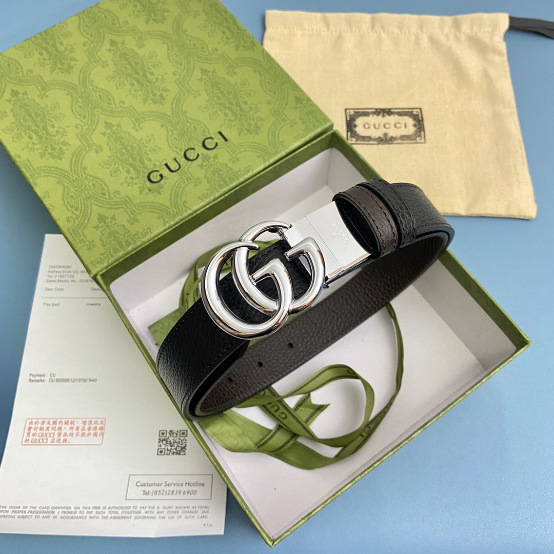 I0  Gucci 古奇  皮带腰带：双面使用专柜质量、百分百头层牛皮、24k钢扣、送人自用首选、保证真皮 包装：请认准图片专柜包装、送打孔器 全套包装 宽度：3.0cm 长度：国标90cm-cm 可以自行裁剪